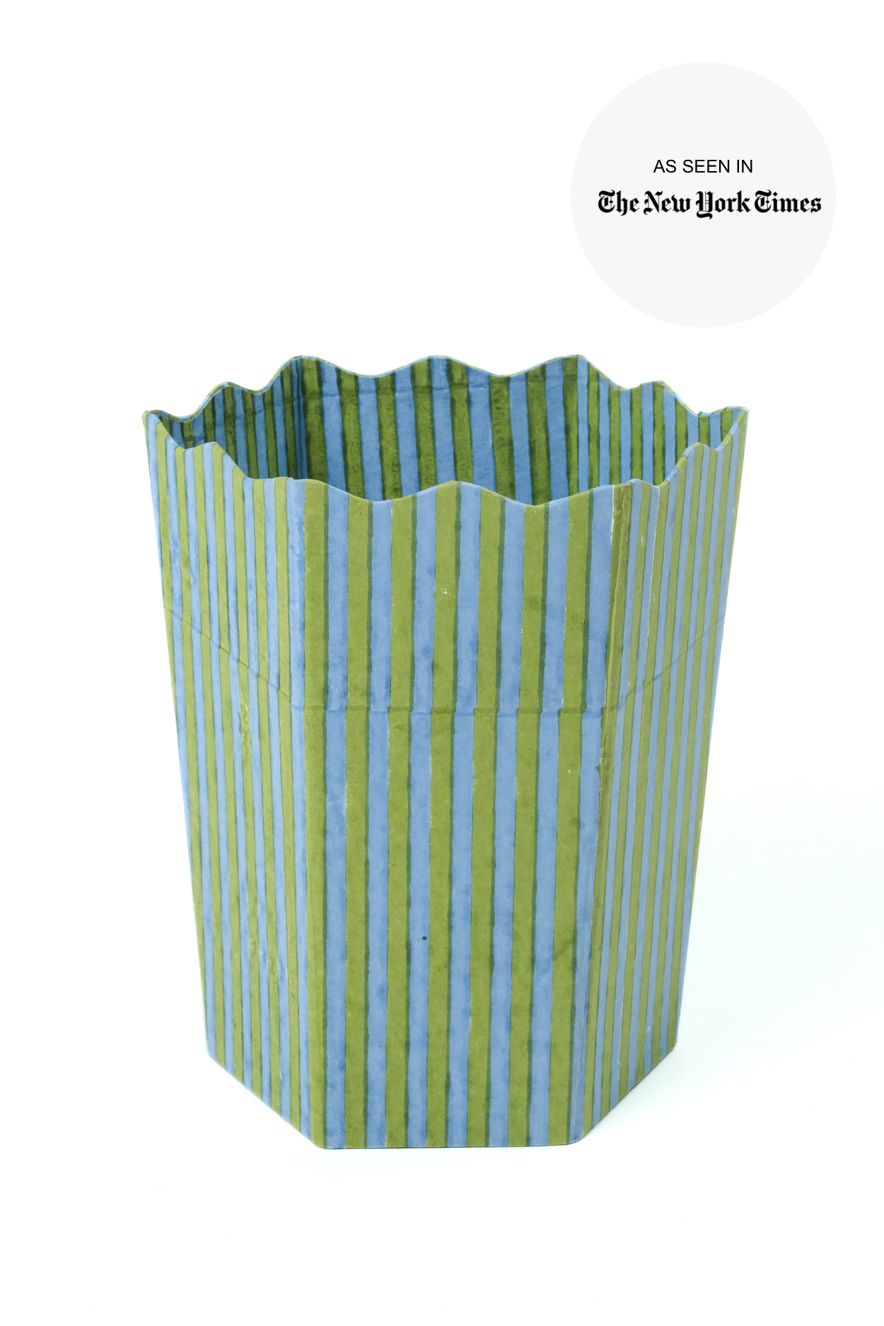 Blockprint Scallop Waste Bin / Storage Bin with green and blue vertical stripes, scalloped edges, and hexagonal base.