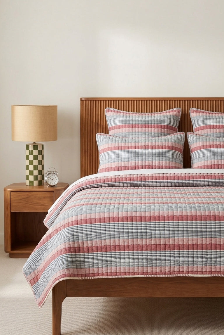 Bedroom with wooden bed, striped bedding, and nightstand with lamp.