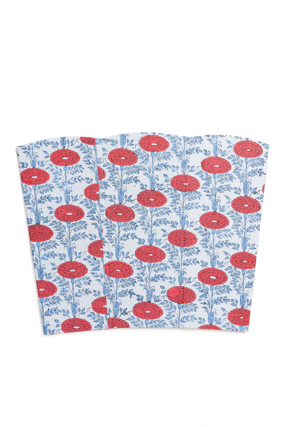 Blockprint scallop waste bin with red floral patterns and blue foliage on white fabric - Inner Child