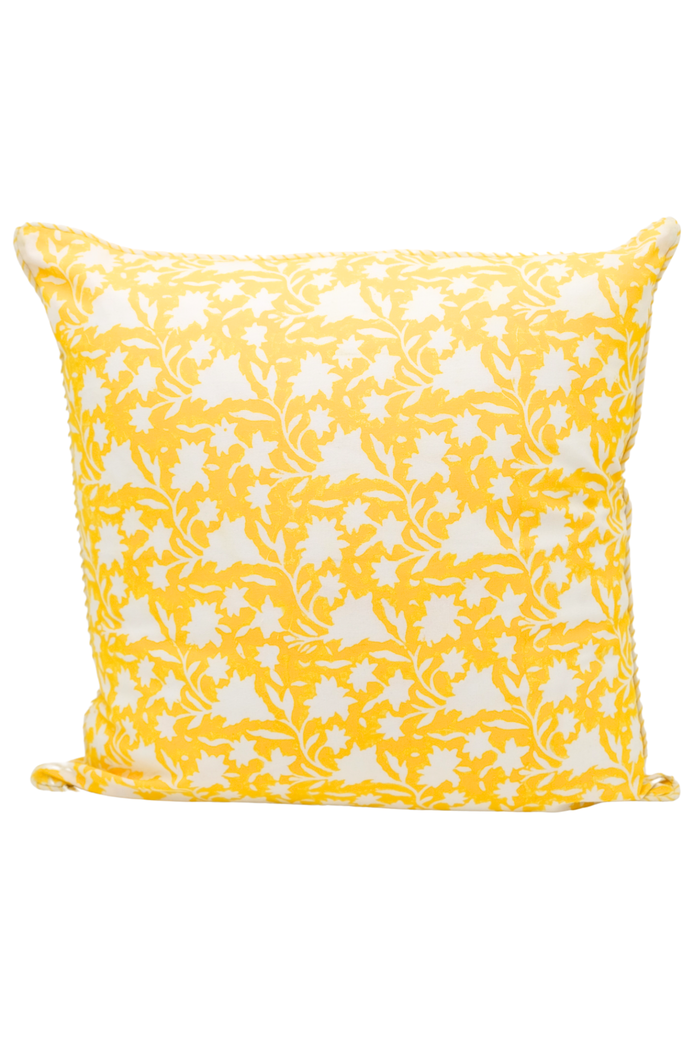 Inner Child saffron yellow blockprint reversible pillow with white bird and floral patterns