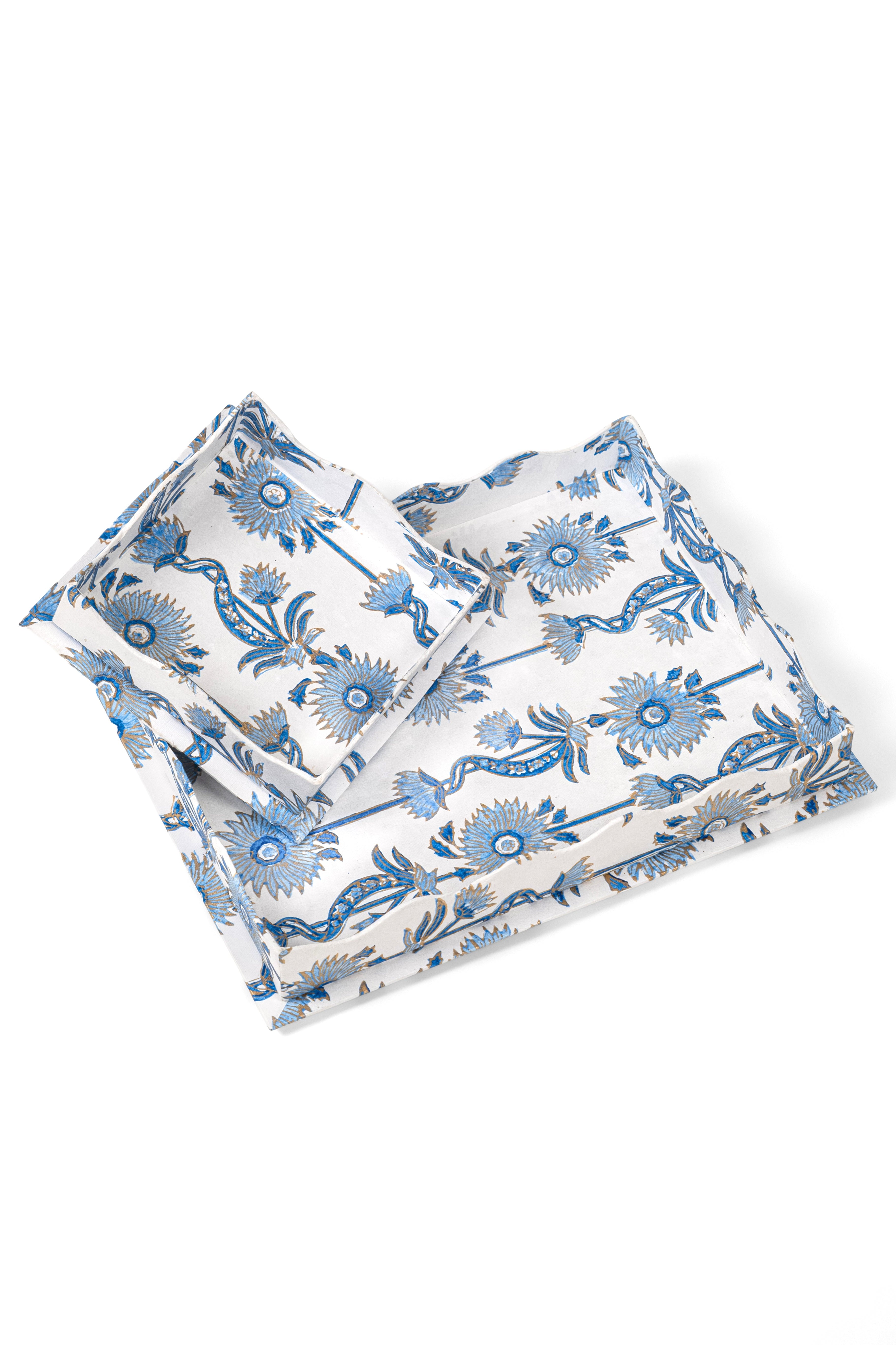 Blue nesting scalloped blockprint trays with floral vine patterns from Inner Child
