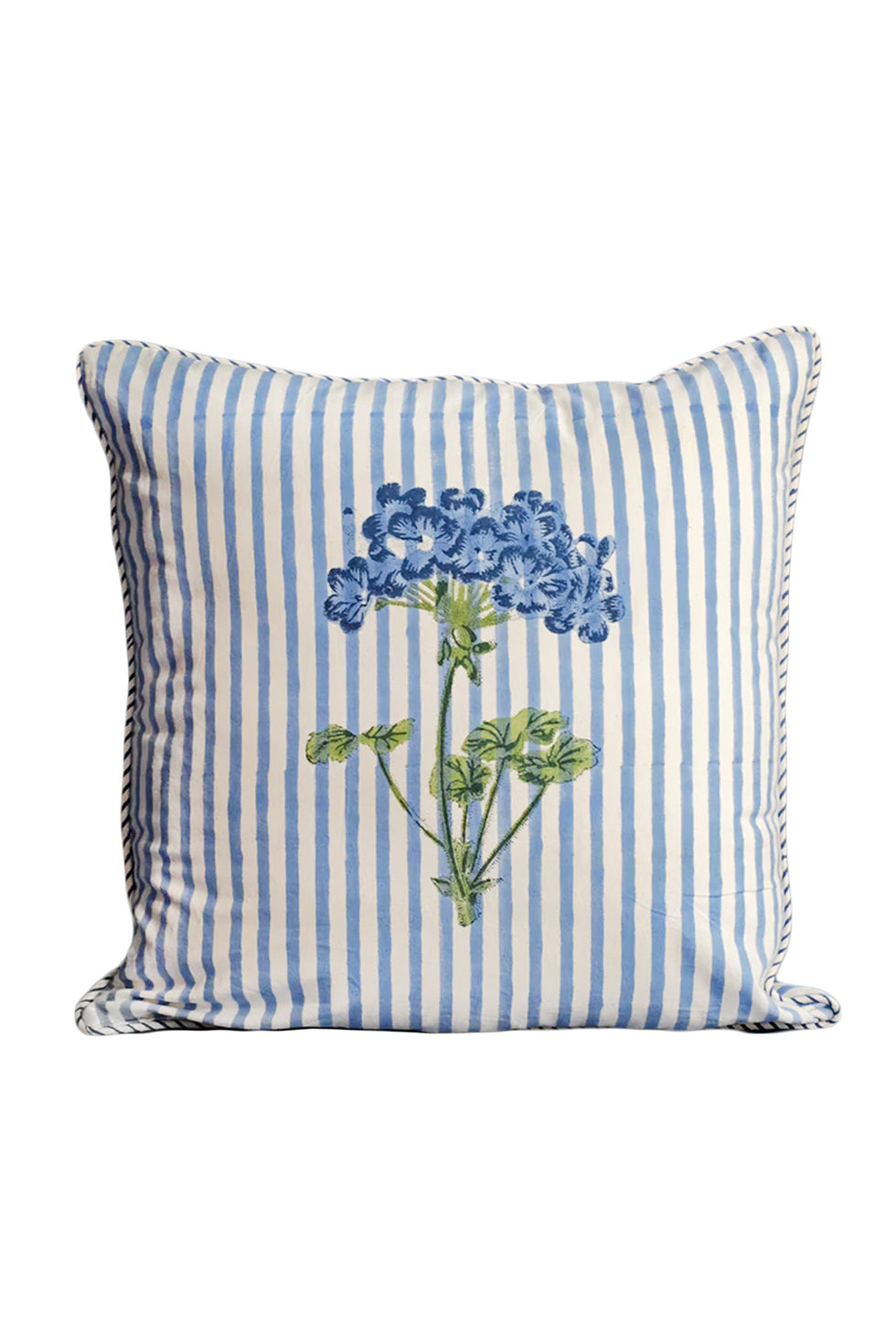 Blue hydrangea blockprint pillow from Inner Child with floral pattern