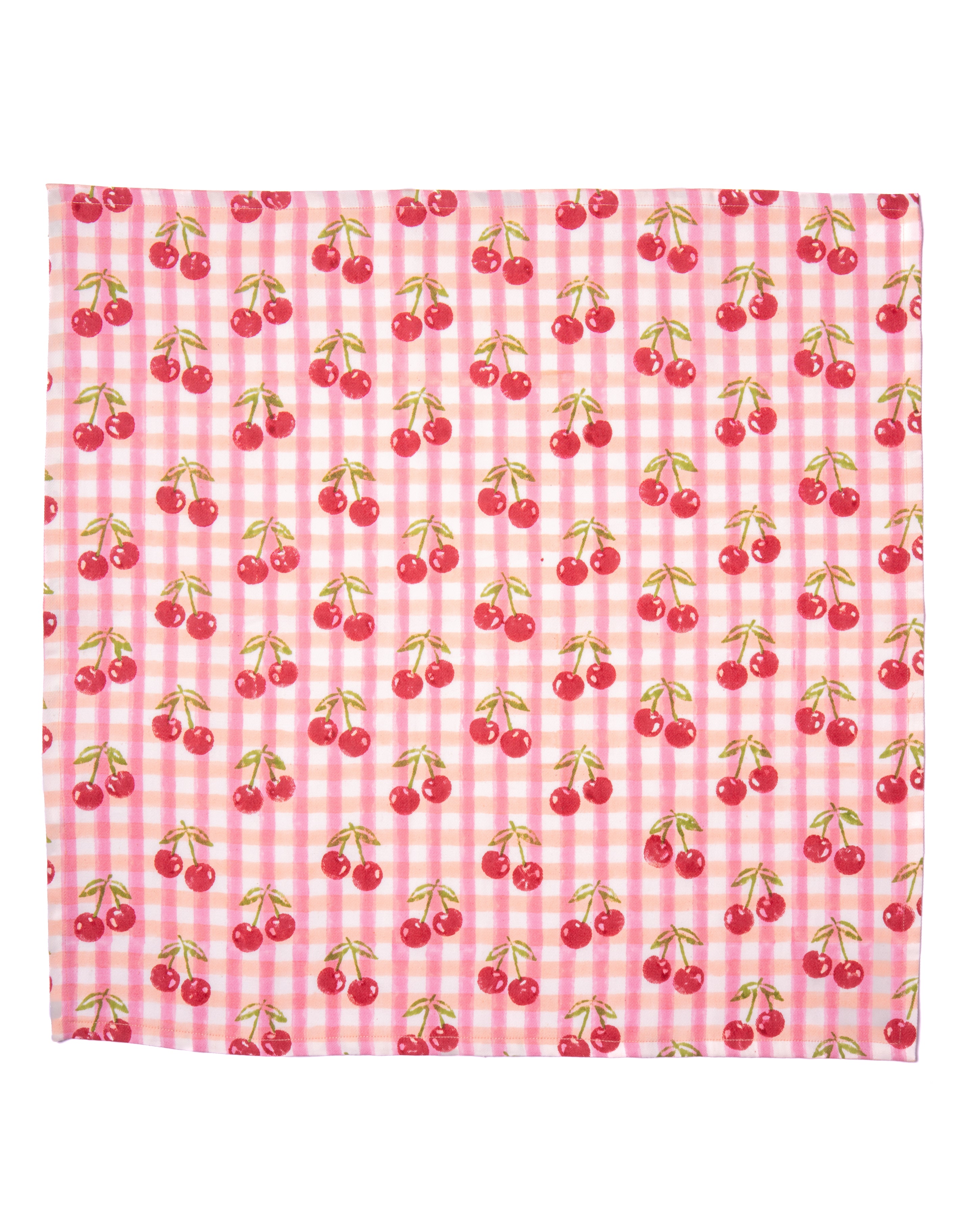 Single cherry blockprint napkin in red gingham pattern
