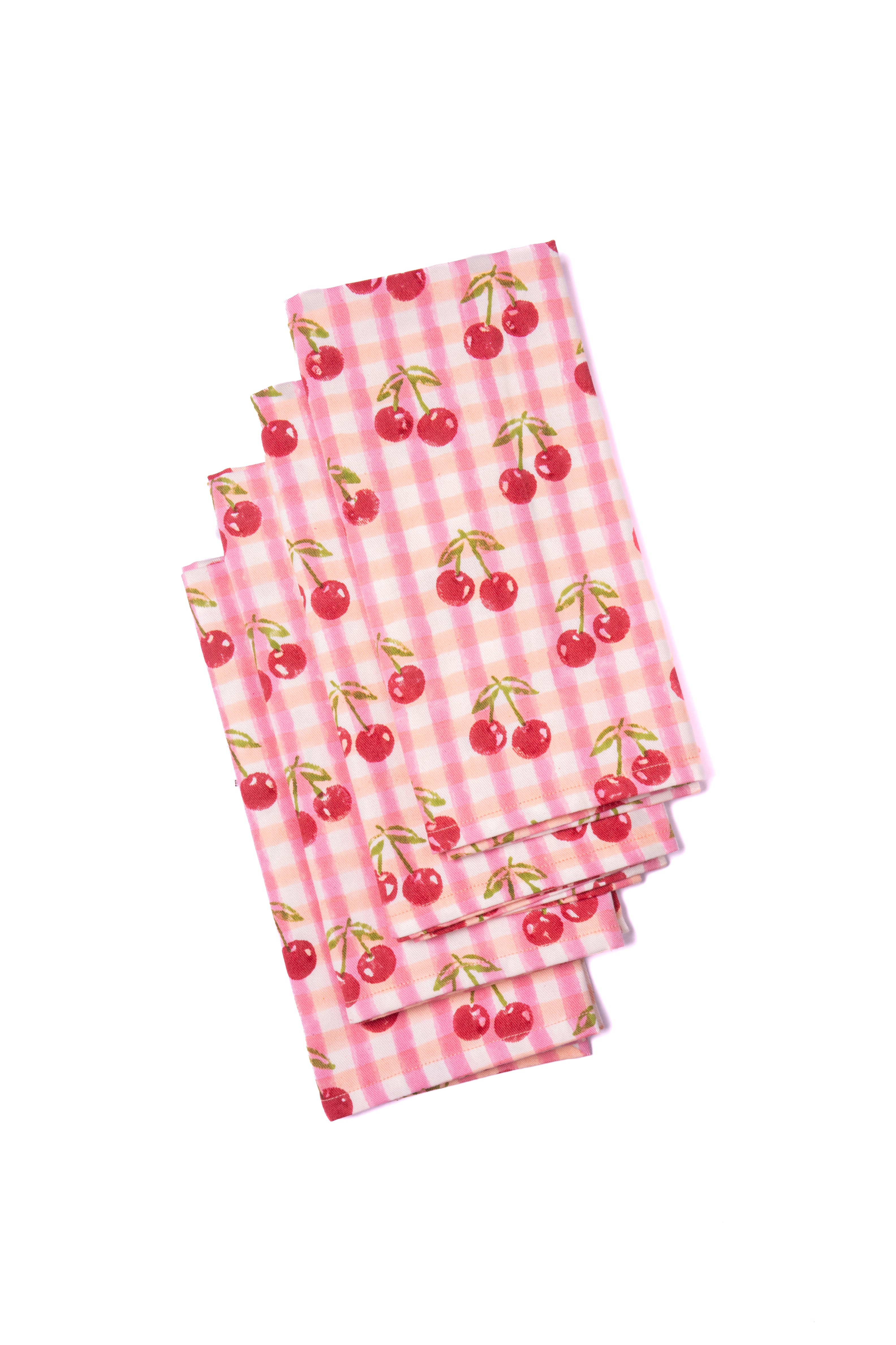 Cherry blockprint napkins in red gingham set of 4 stacked