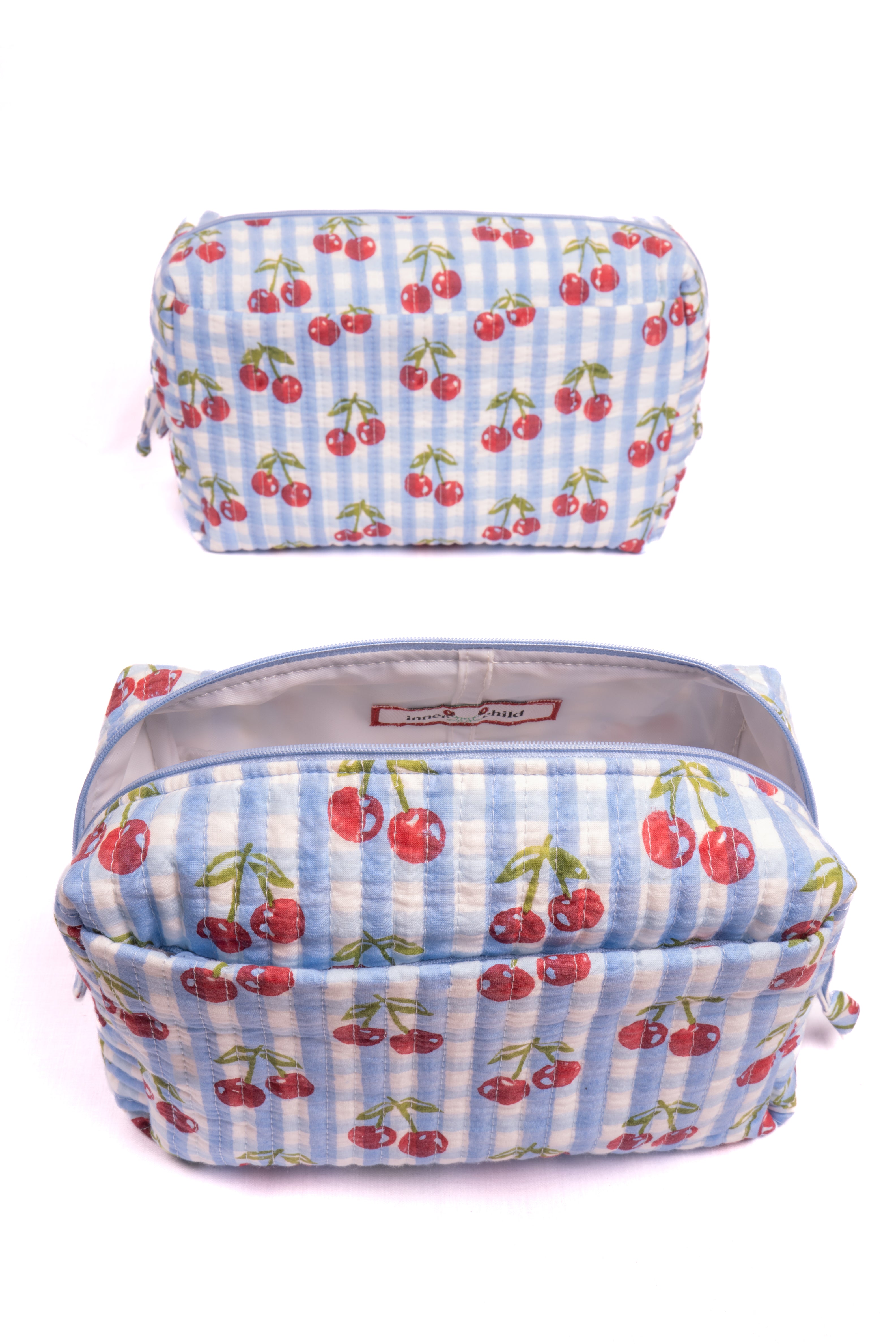 Blue gingham cherry blockprint makeup bag top & interior