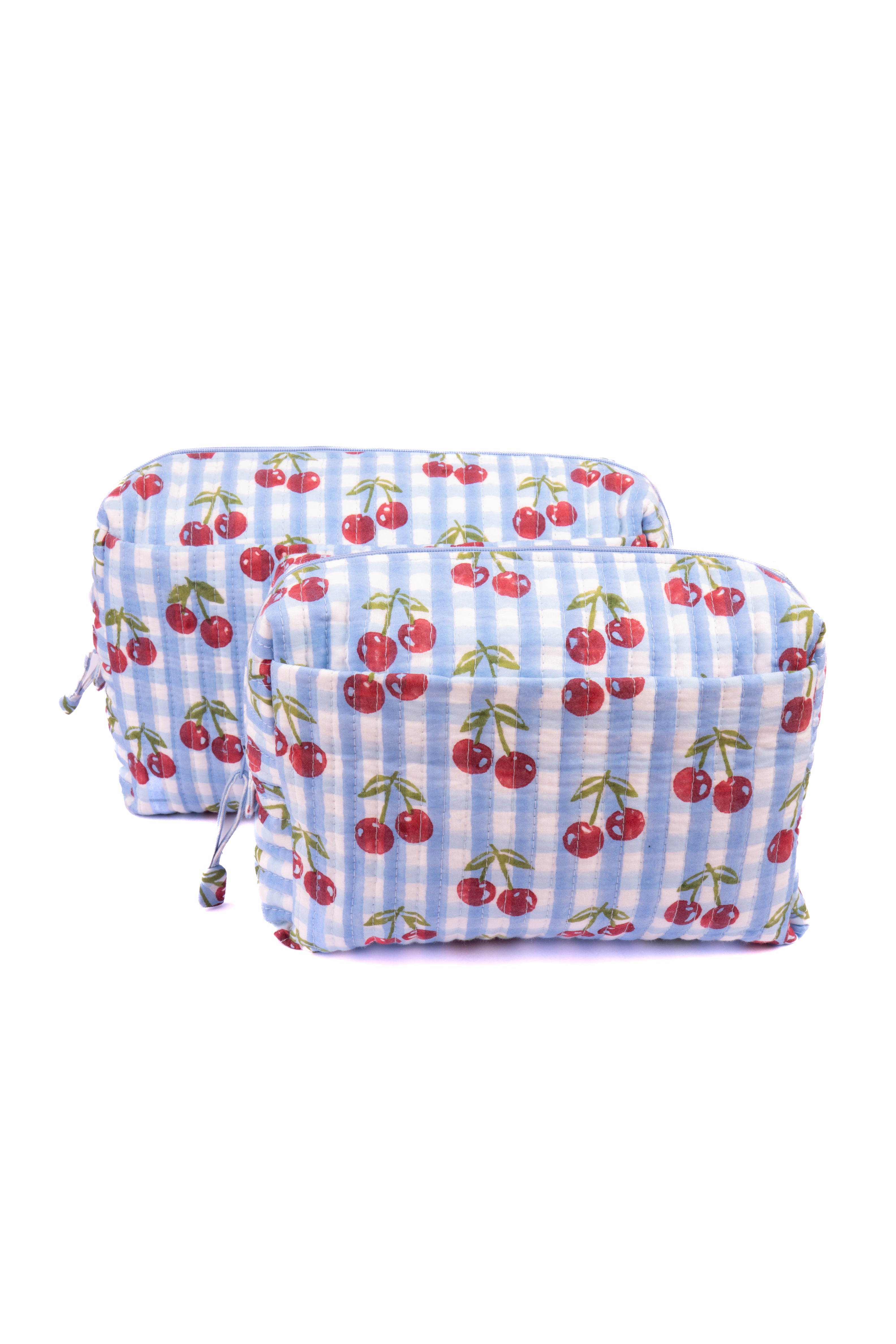 Blue gingham cherry blockprint makeup bag set