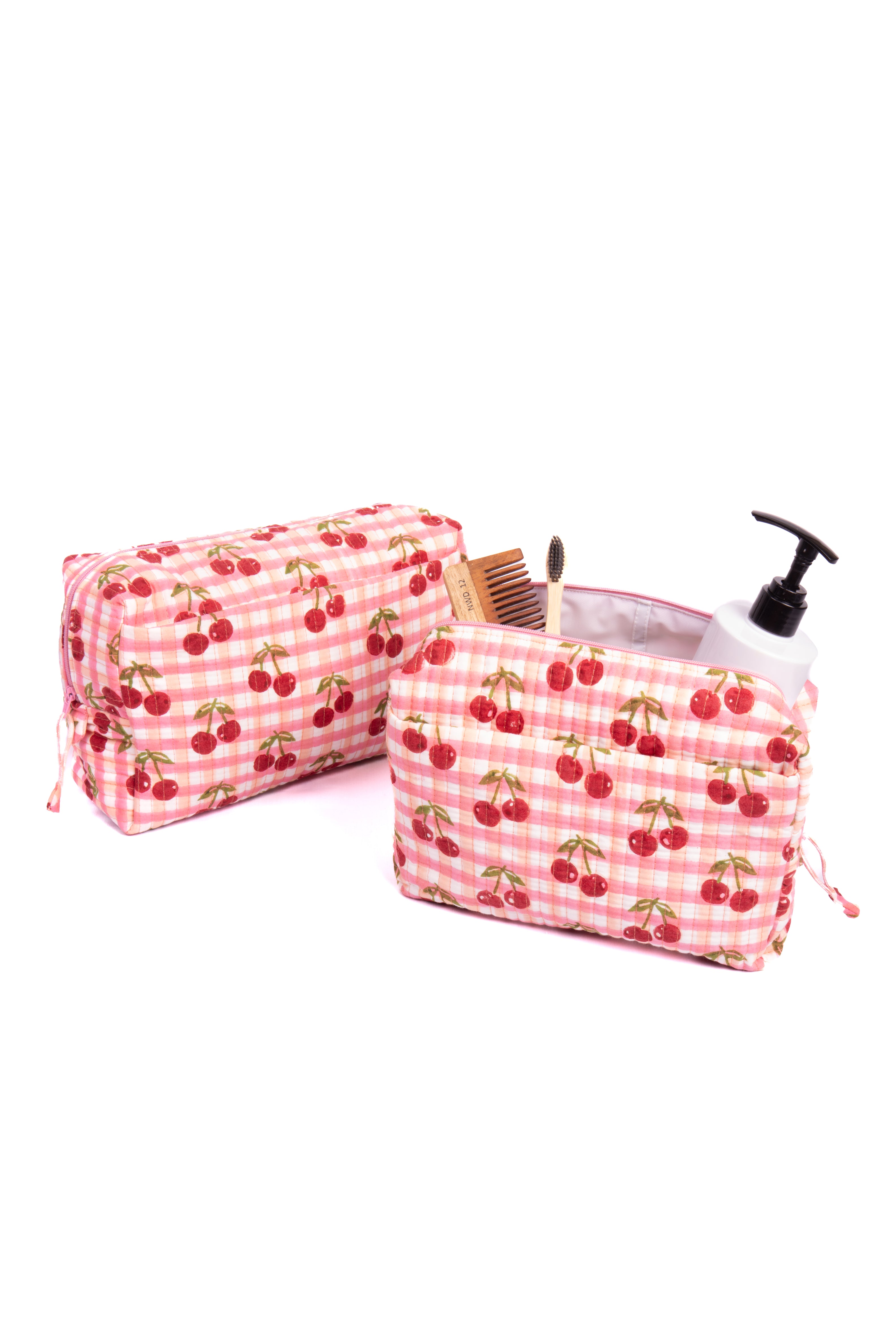 Red gingham cherry blockprint makeup bag set with toiletries