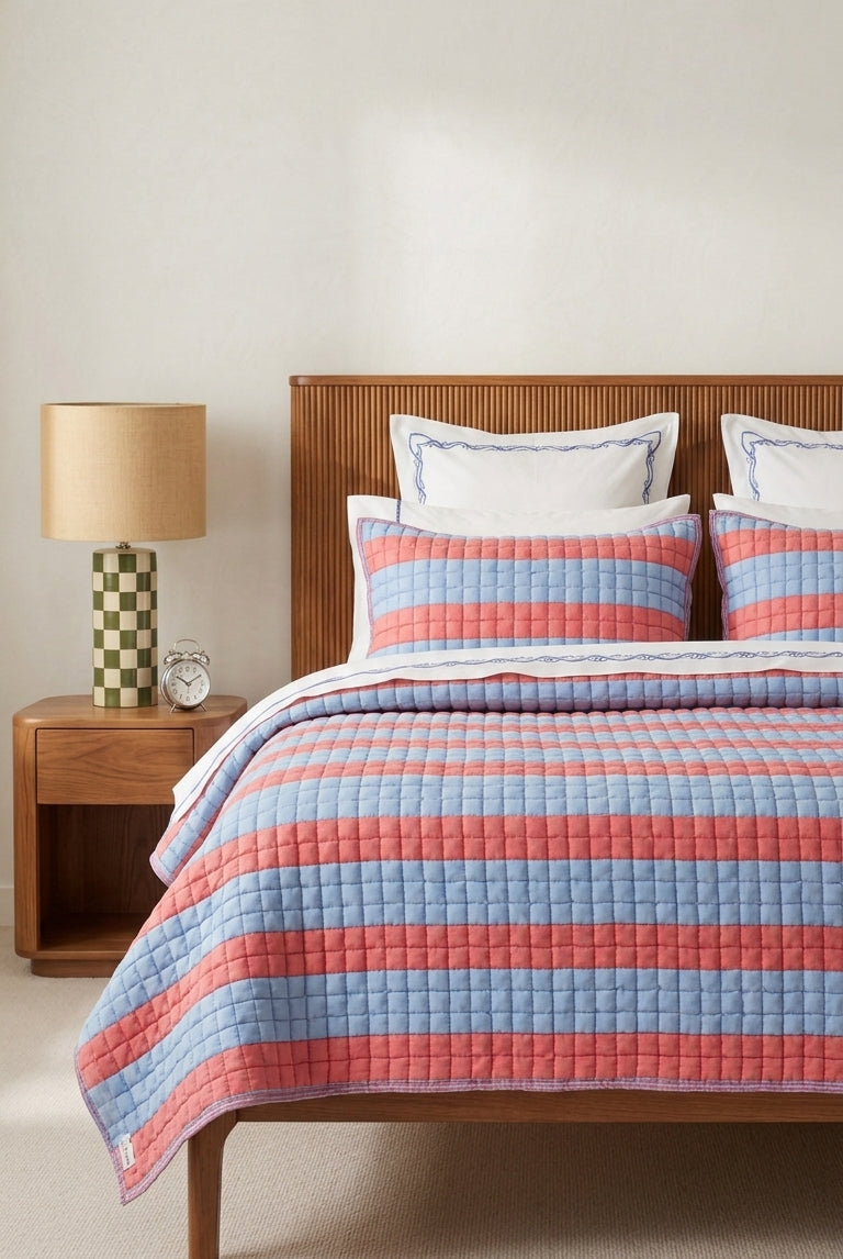 Bed with striped bedding, nightstand, and lamp in a bedroom setting.