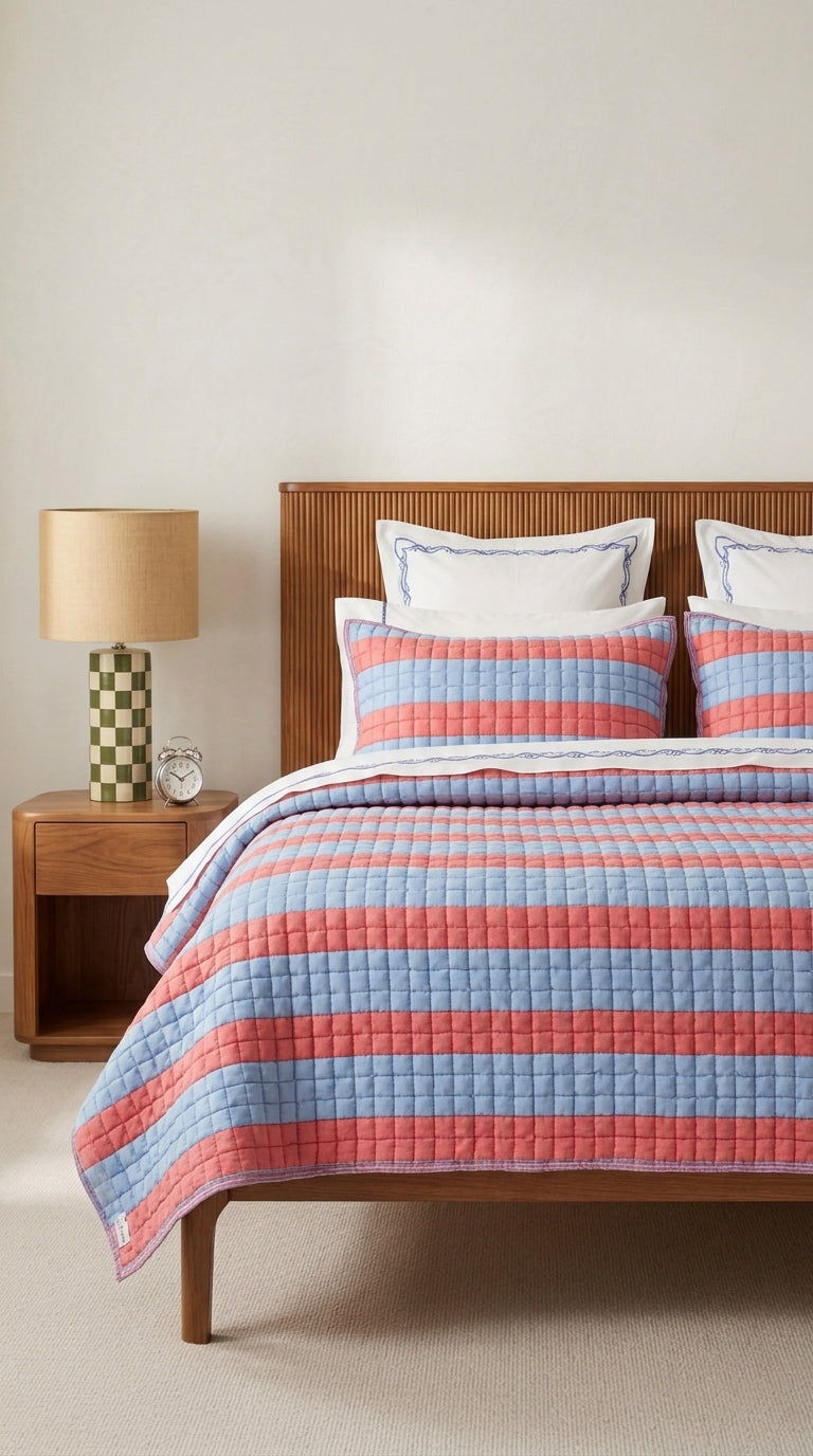 Bed with striped bedding, nightstand, and lamp in a bedroom setting.