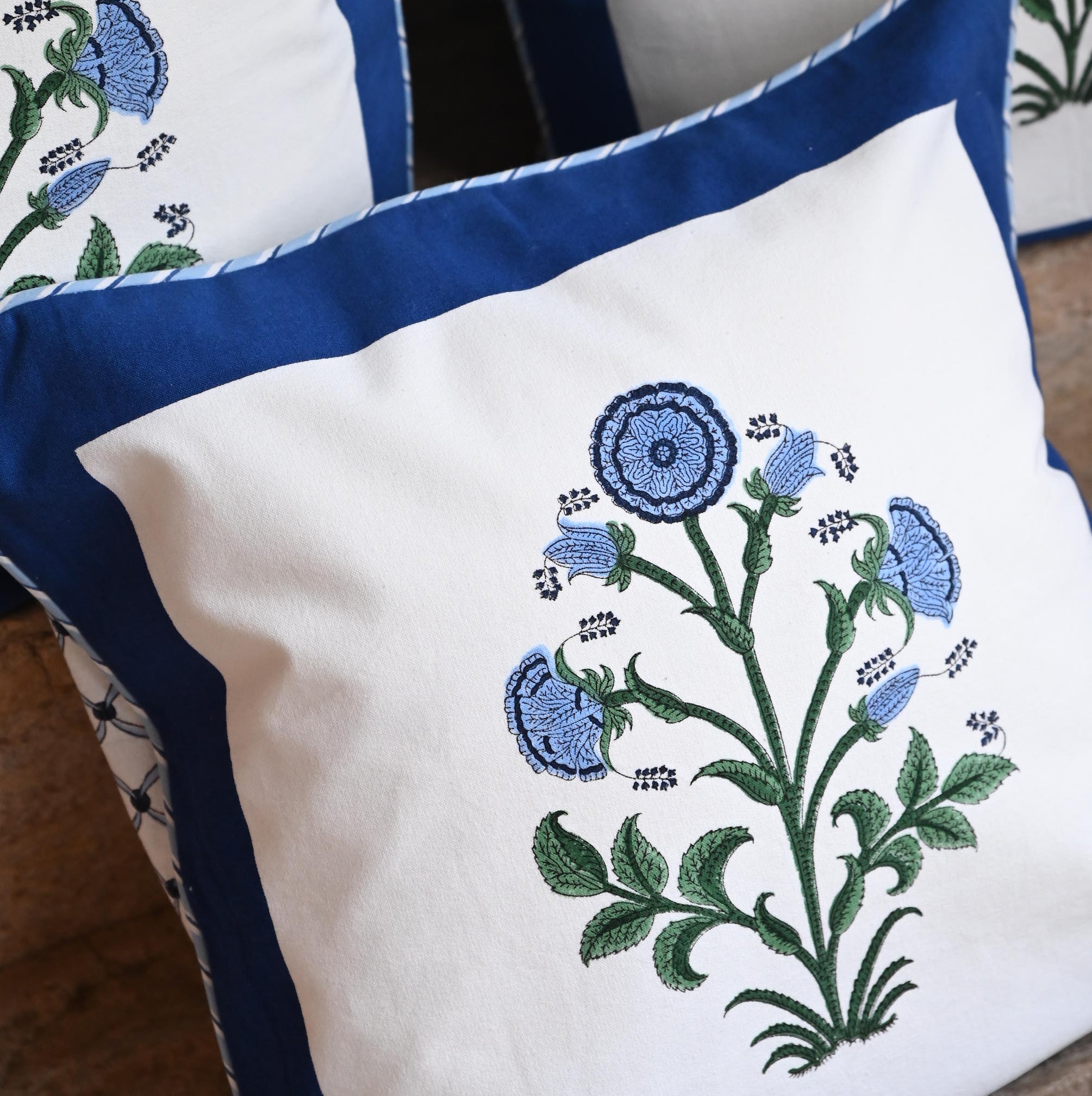 Group of cobalt botanical blockprint pillows