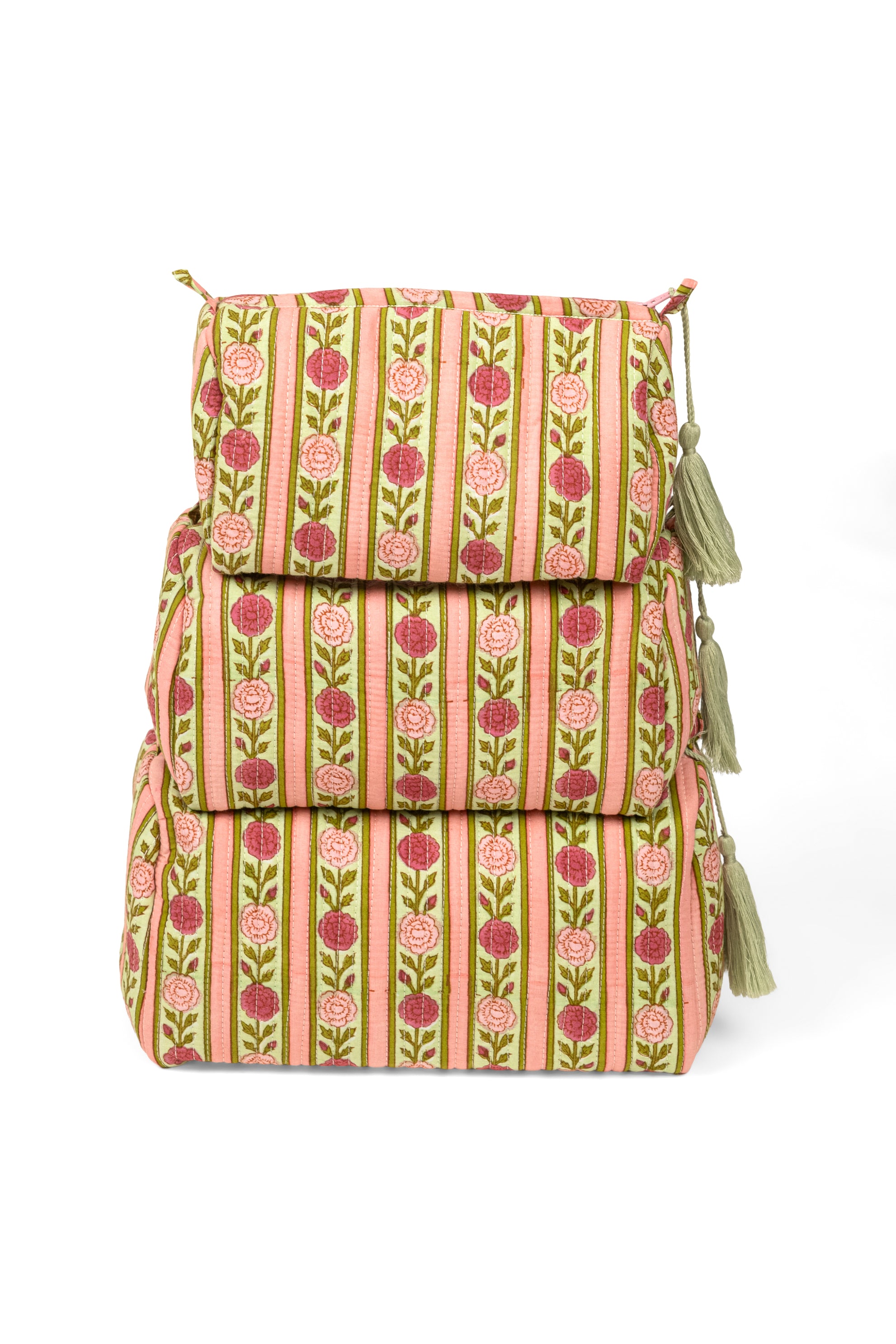 Set of three pink floral striped fabric makeup bags with sage green tassels by Inner Child
