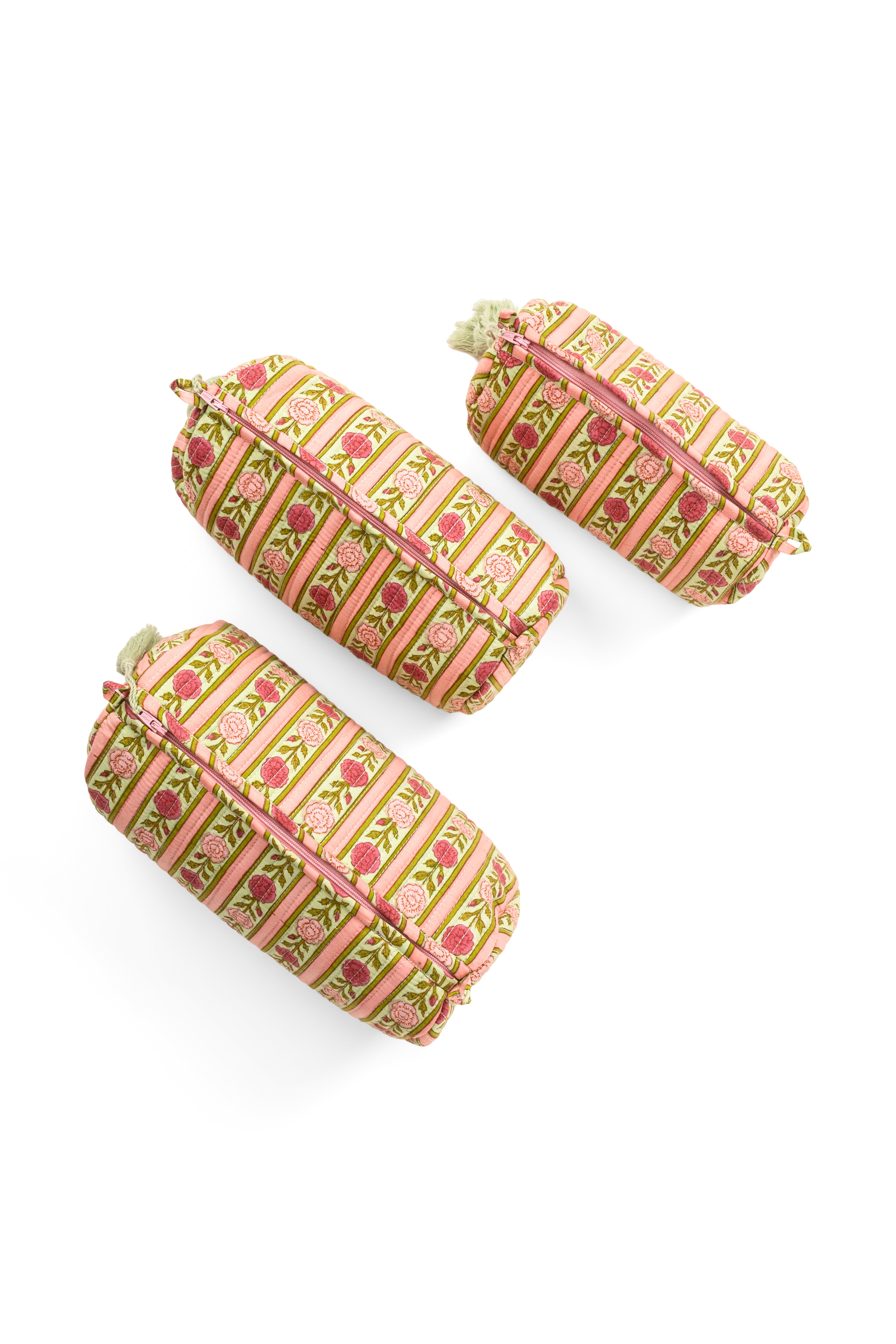 Vintage floral striped makeup bag set of 3 with pink zippers and tassels
