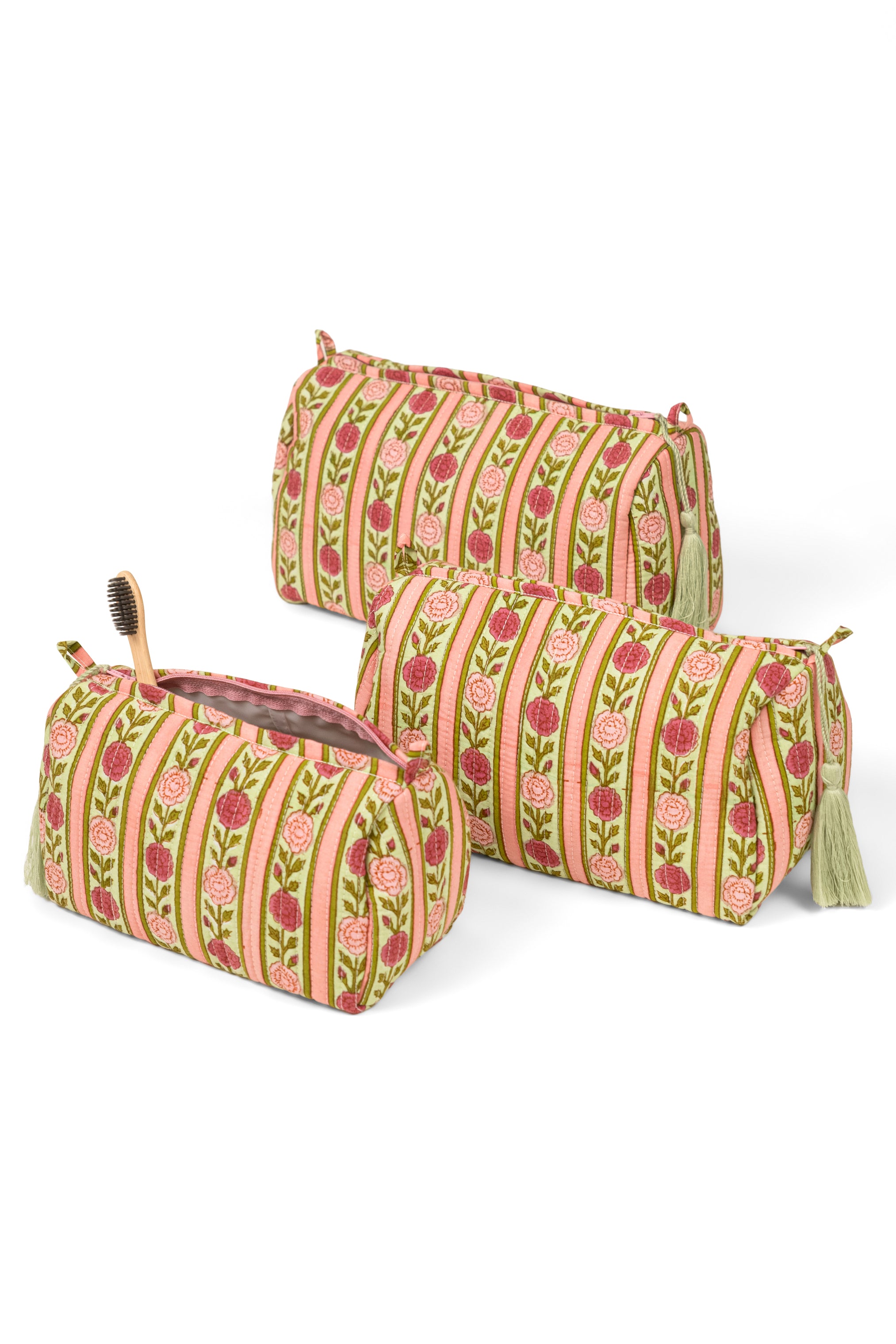 Vintage floral striped fabric makeup bags with sage green tassels and wooden brush by Inner Child