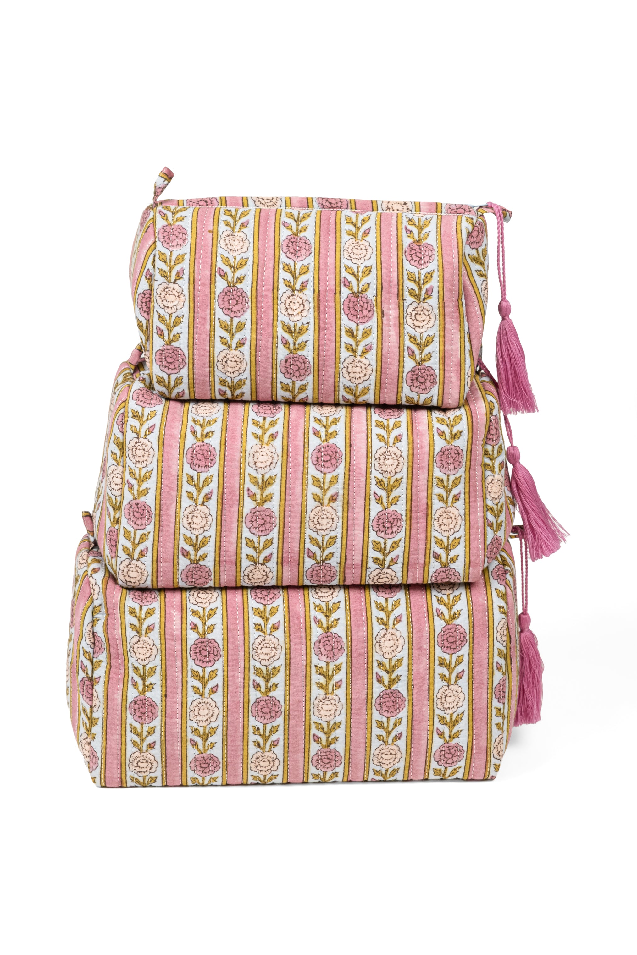 Stacked vintage floral striped makeup bags set of 3 with pink tassels
