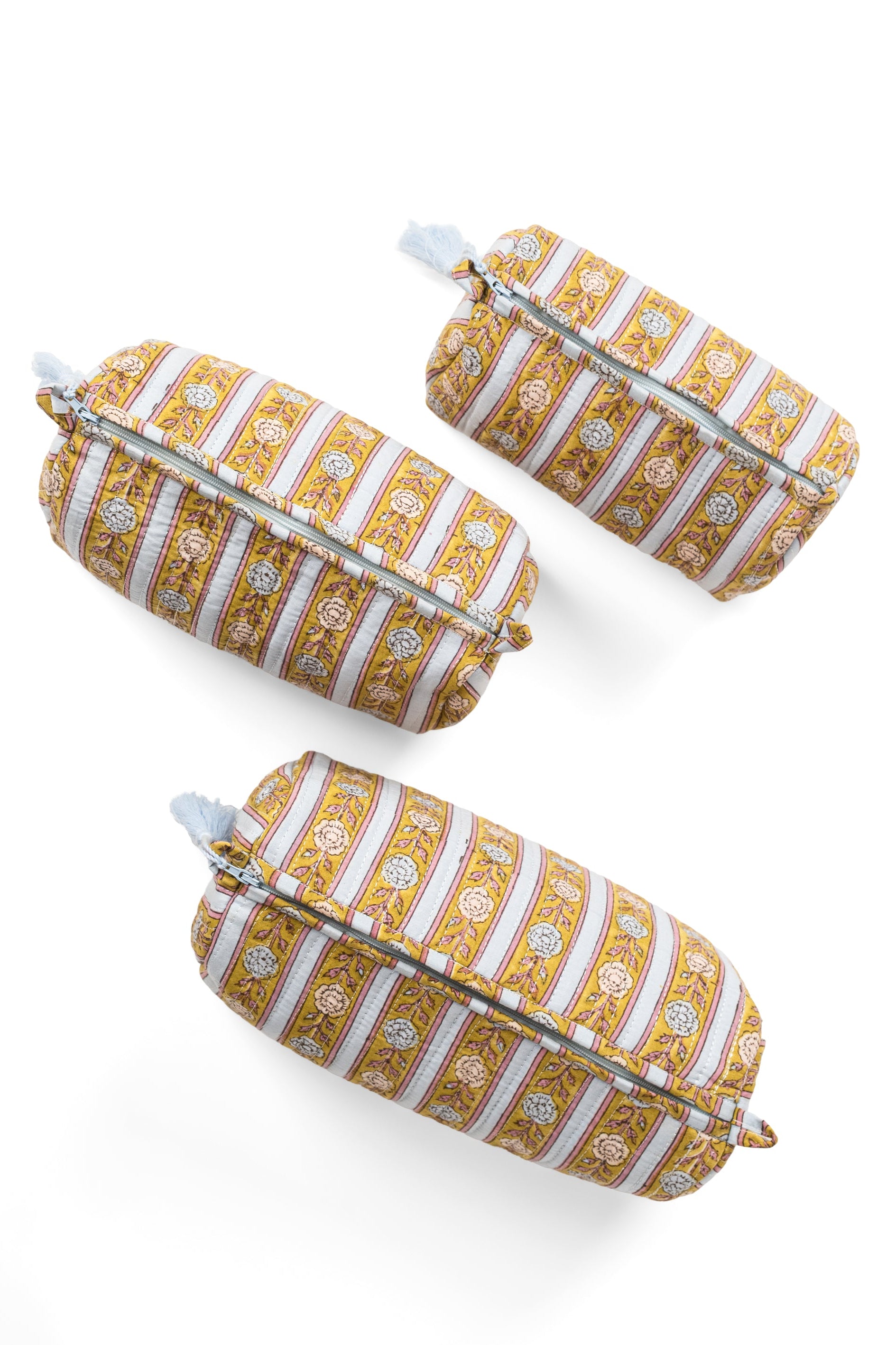 Vintage floral striped fabric makeup bag with light blue tassel by Inner Child