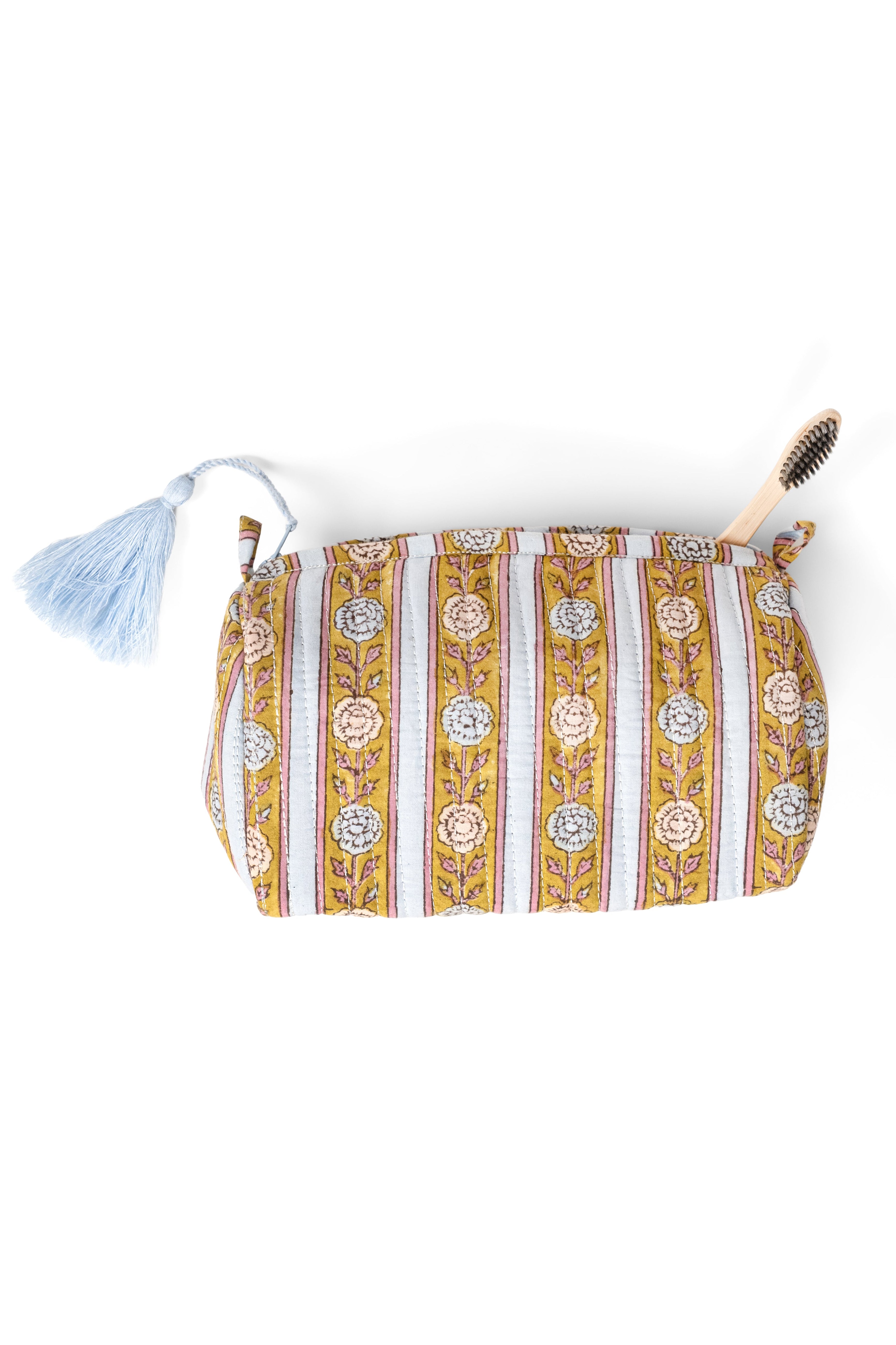 Vintage floral striped fabric makeup bag with light blue tassel by Inner Child