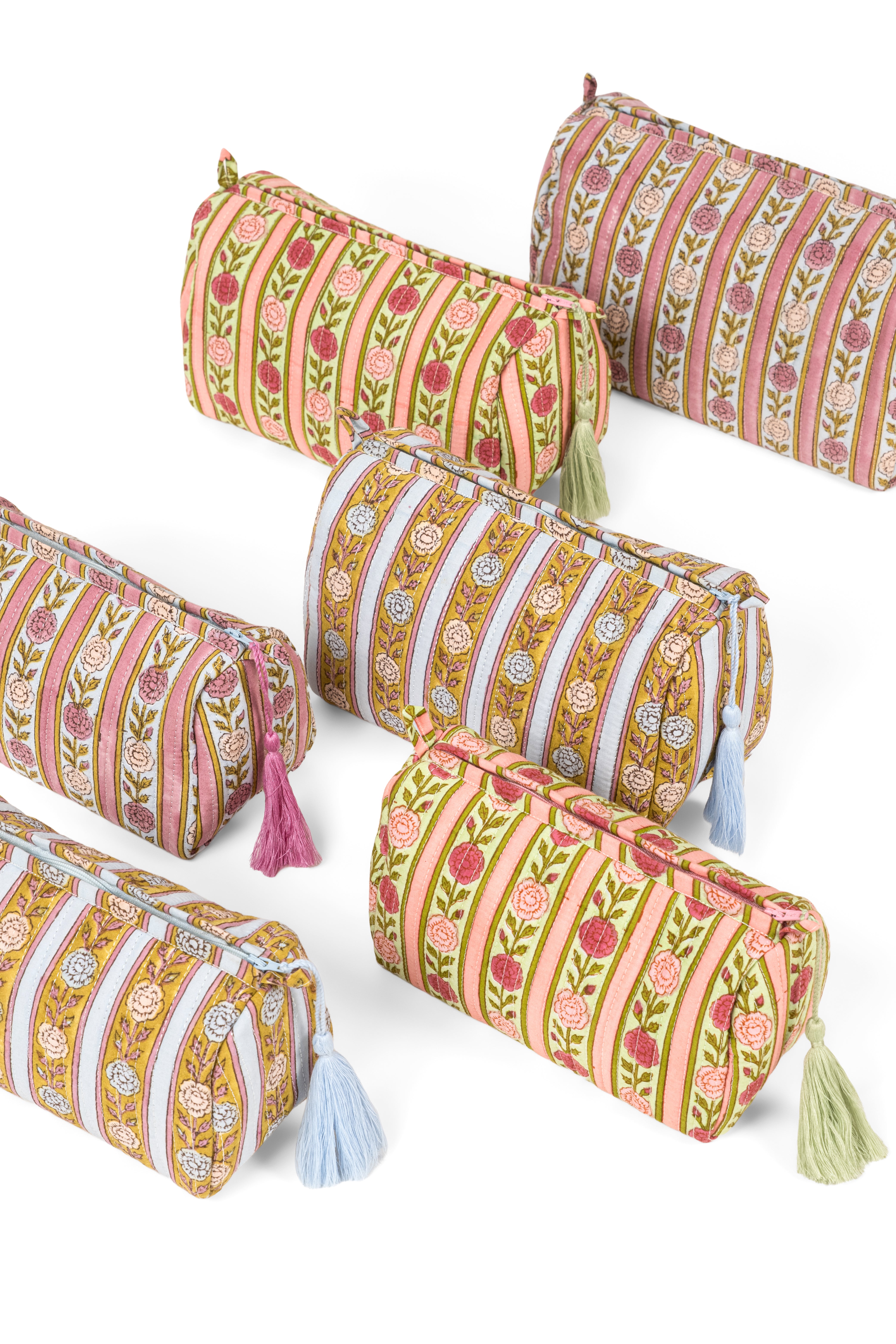 Vintage floral stripe makeup bags with colorful tassels from Inner Child