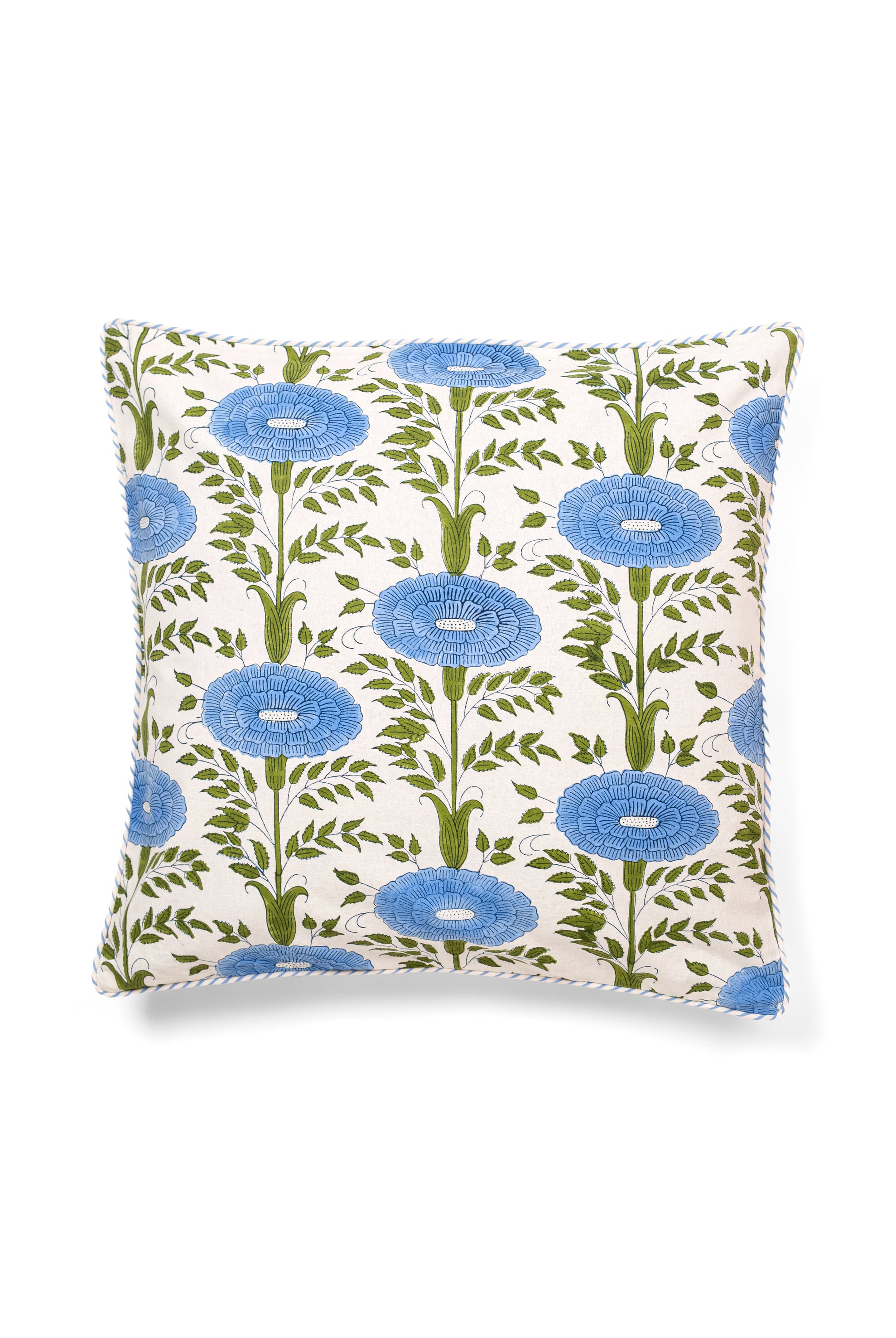 Blue araminta blockprint floral pillow cover with blue edge detail