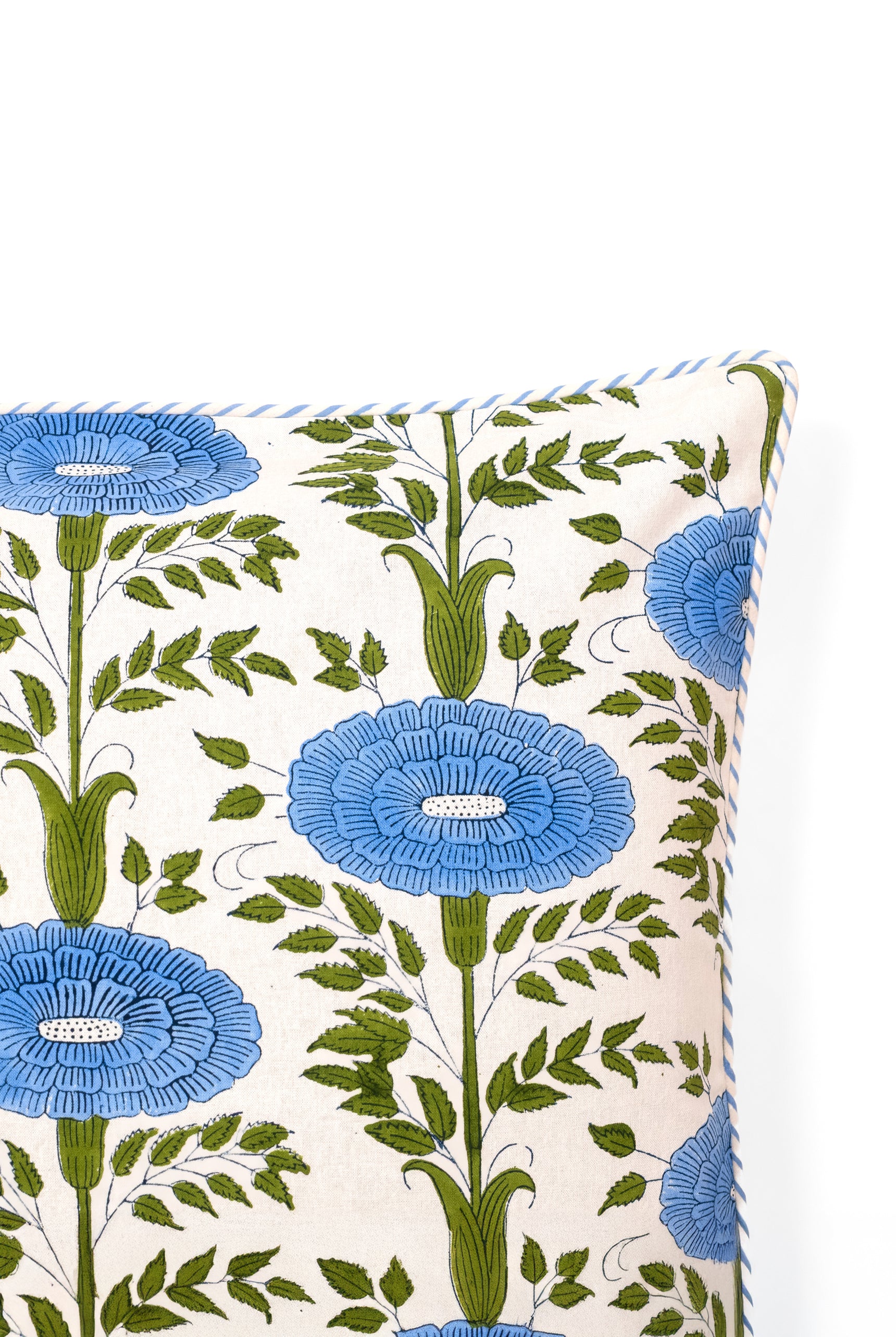 Close-up of blue araminta blockprint floral pillow showing flower details