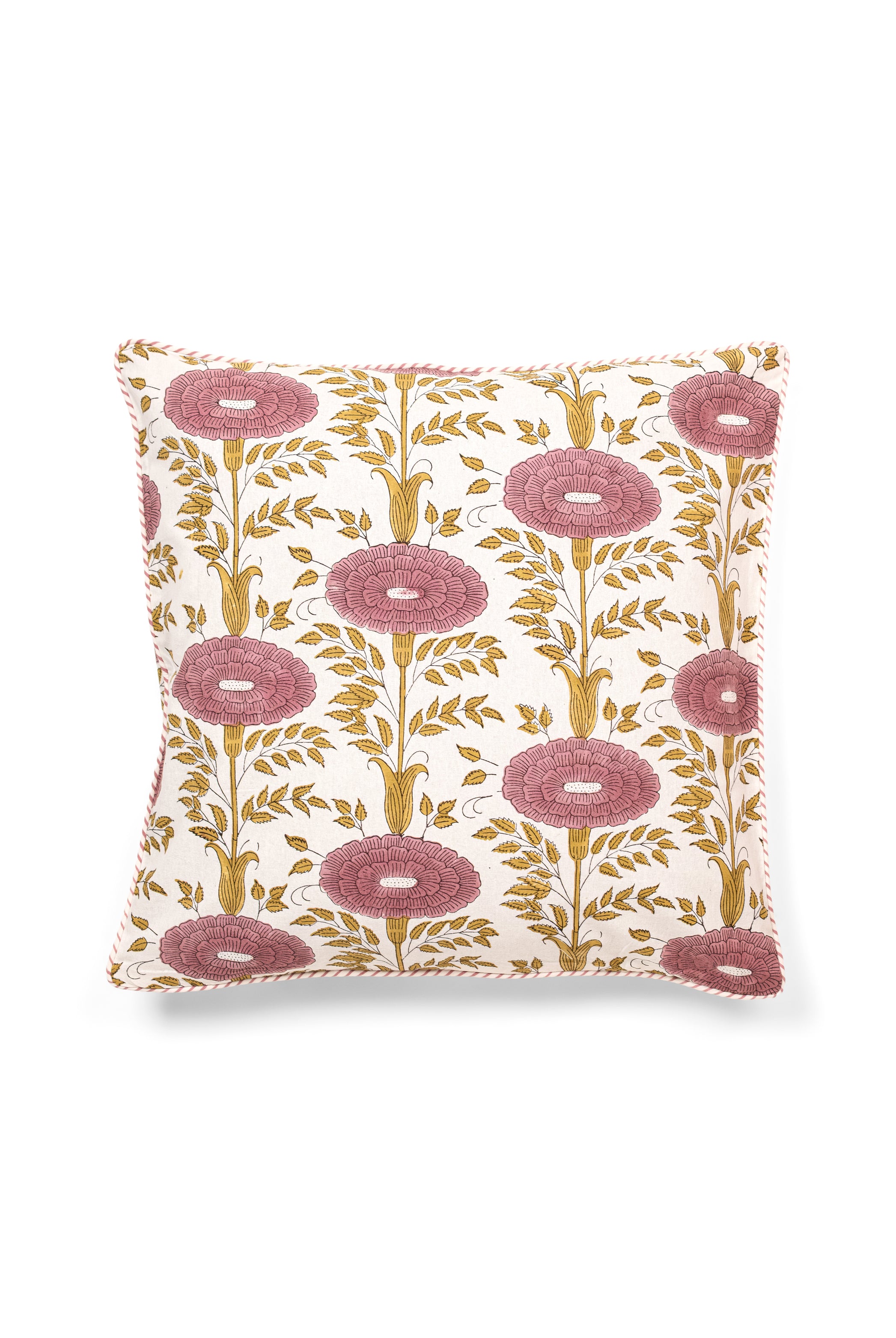 Purple araminta blockprint floral pillow with golden foliage and pink edge detail
