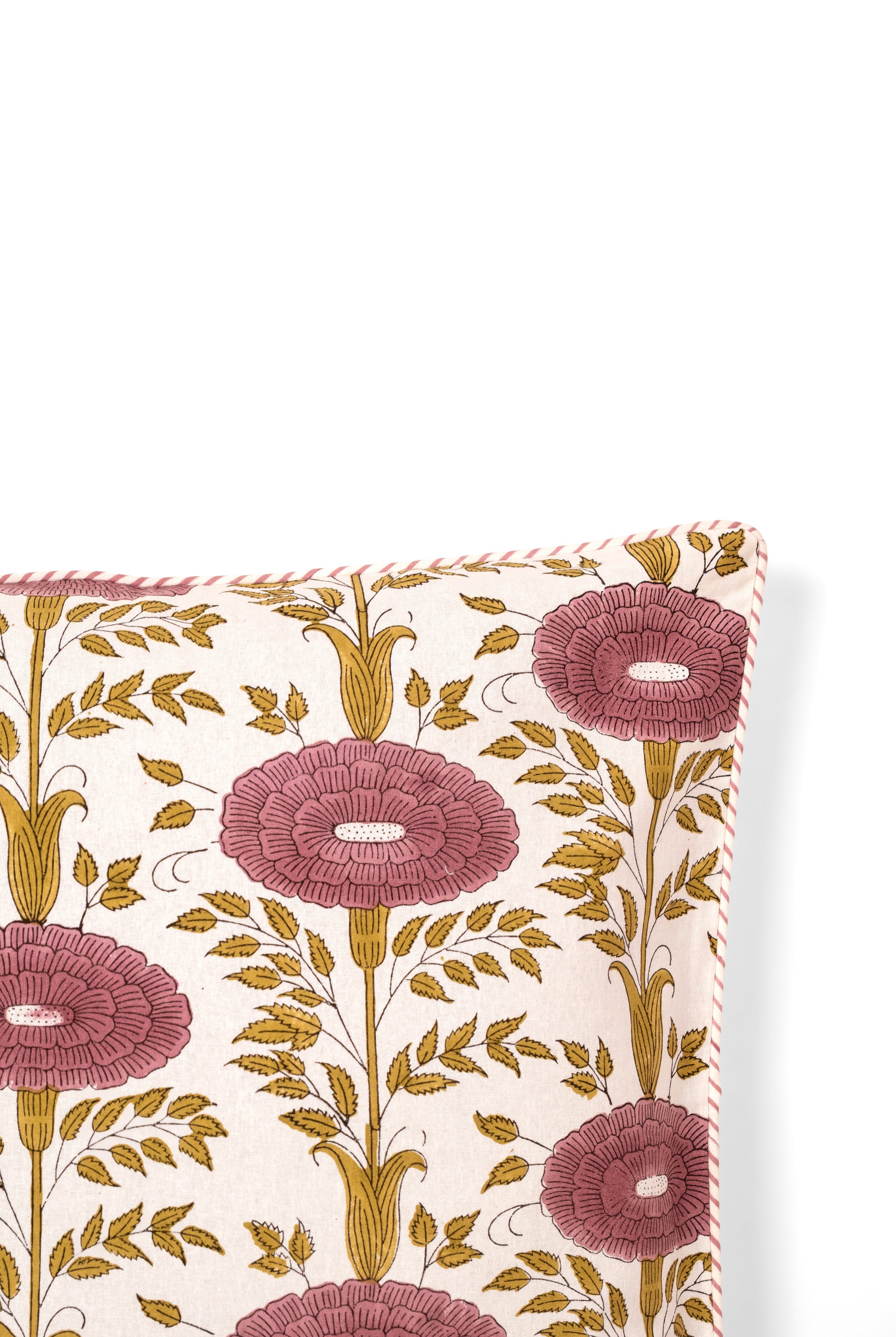 Close-up of purple araminta blockprint floral pillow showing flower details