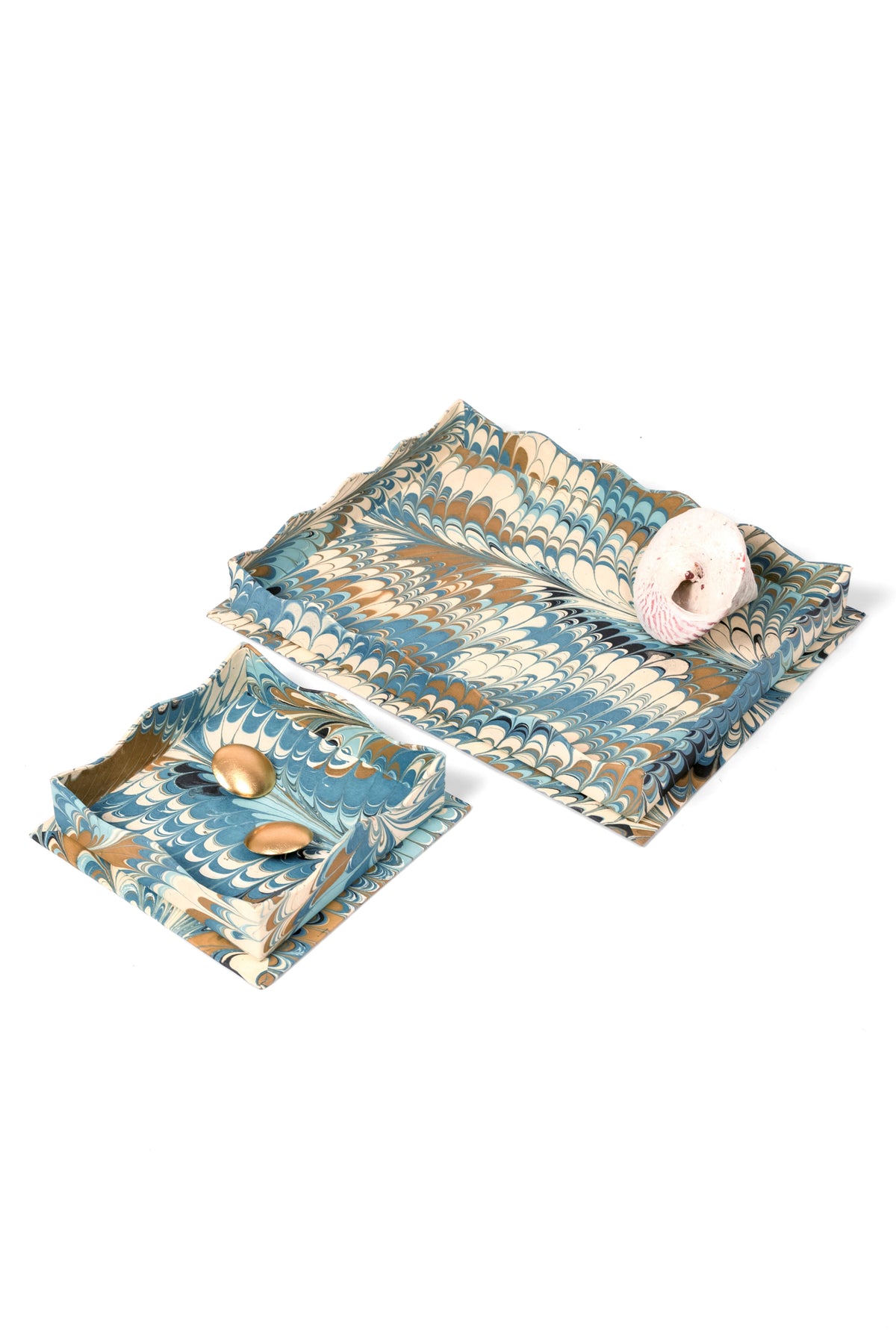 Inner Child trinket cocktail tray in Nila Feathers marbling blue/gold fabric