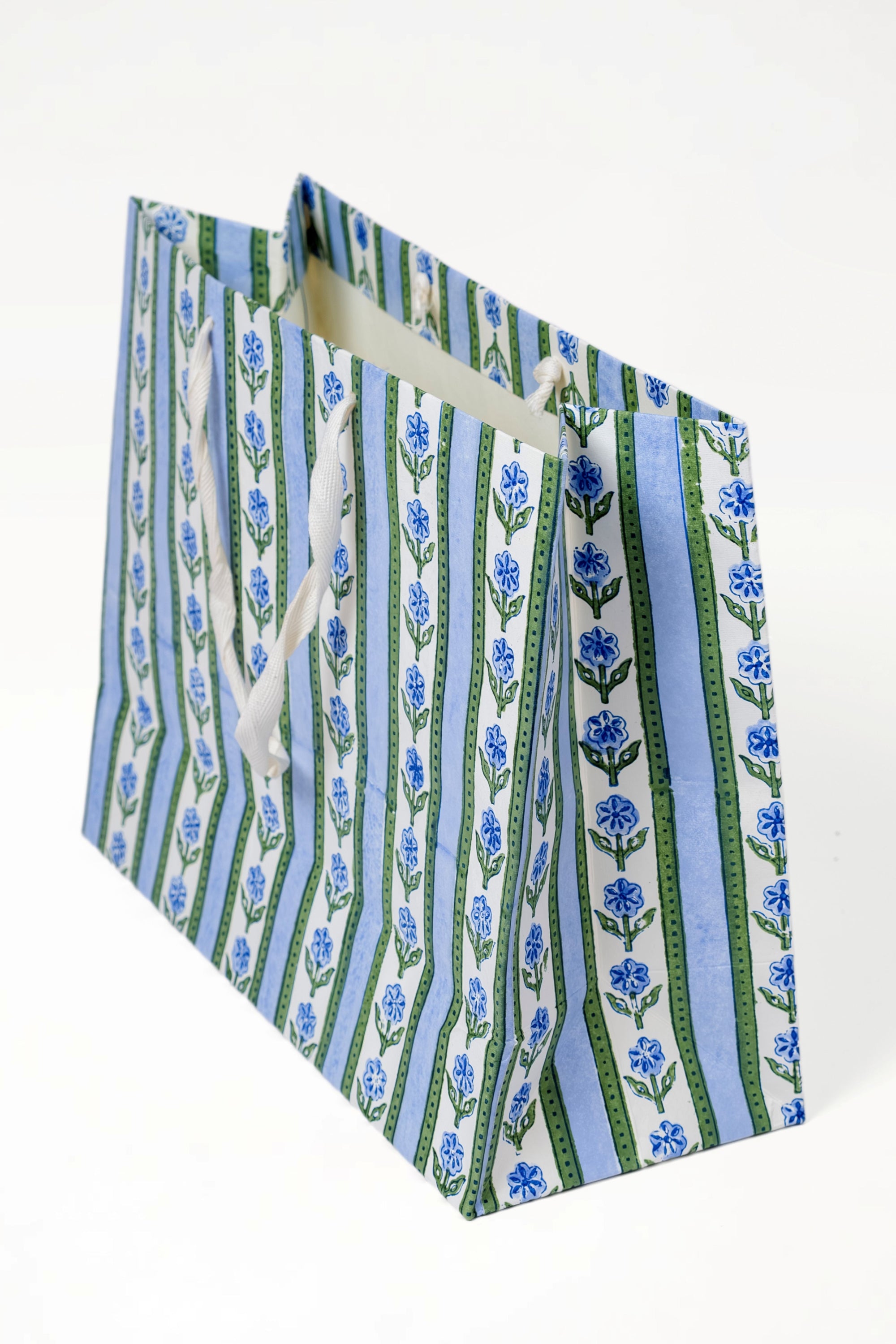 Cottage garden blockprint gift bag in blue with white rope handles