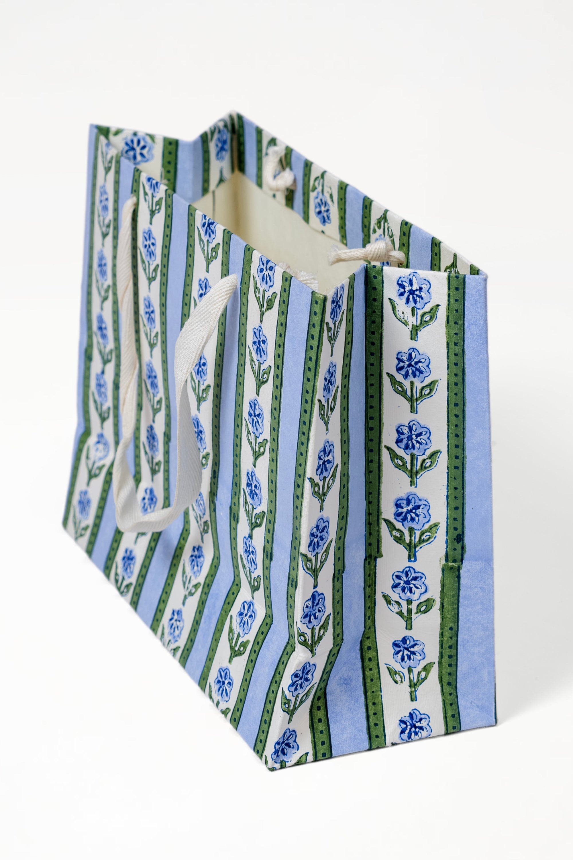 Blue cottage garden blockprint gift bag with white handles