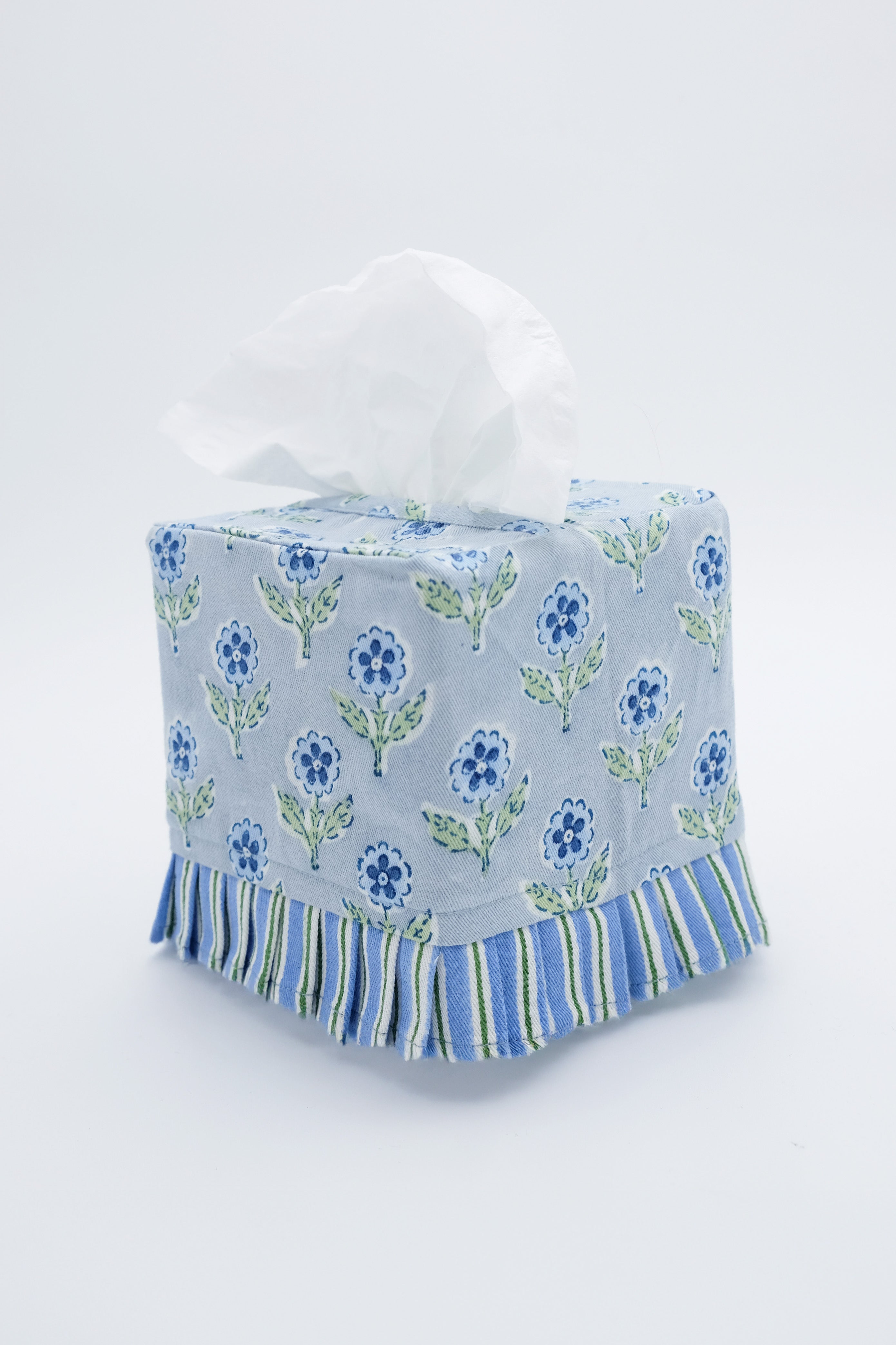 Side view of ruffled tissue box cover in Mona Blue blockprint from Inner Child
