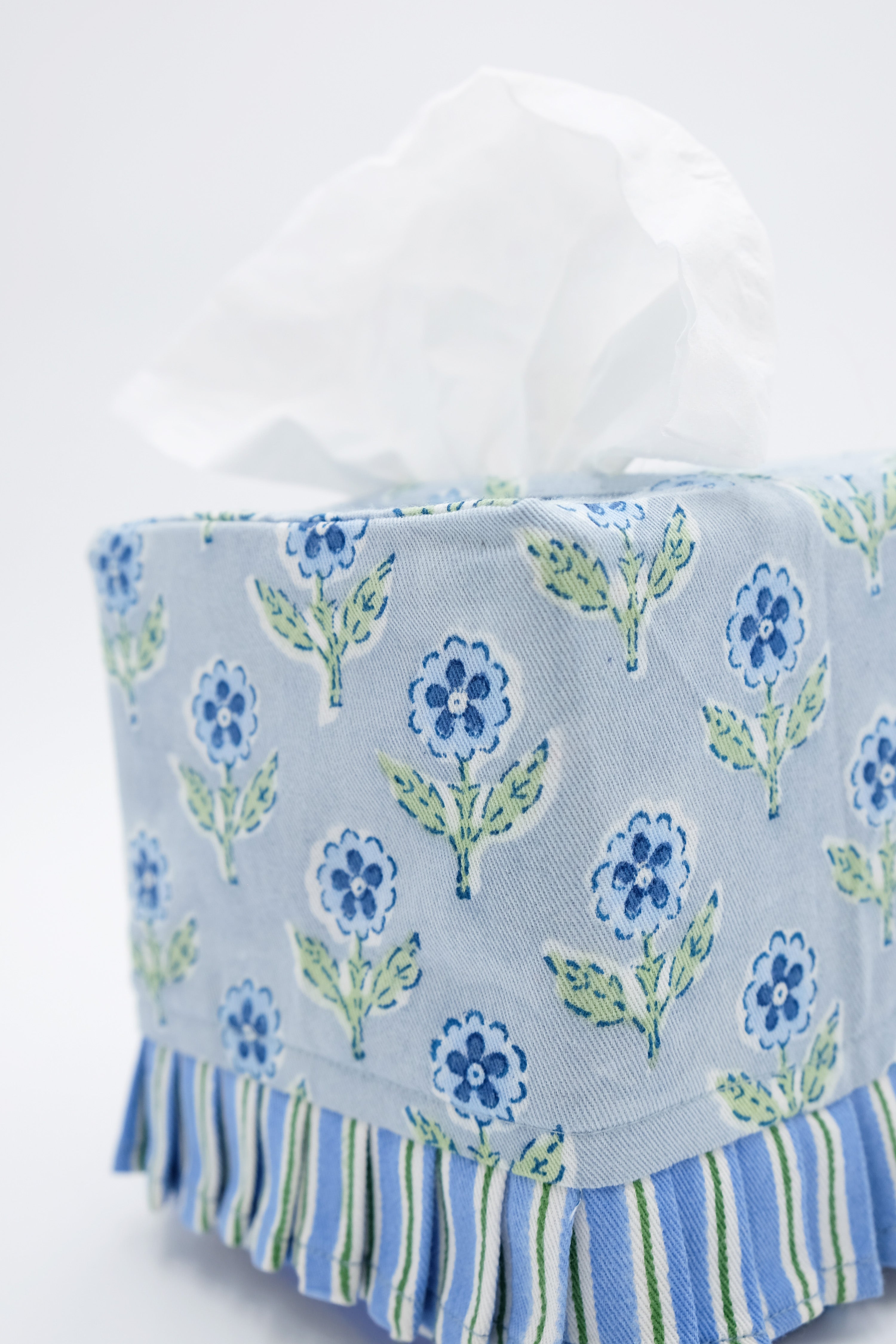 Mona Blue blockprint floral ruffled tissue box cover by Inner Child