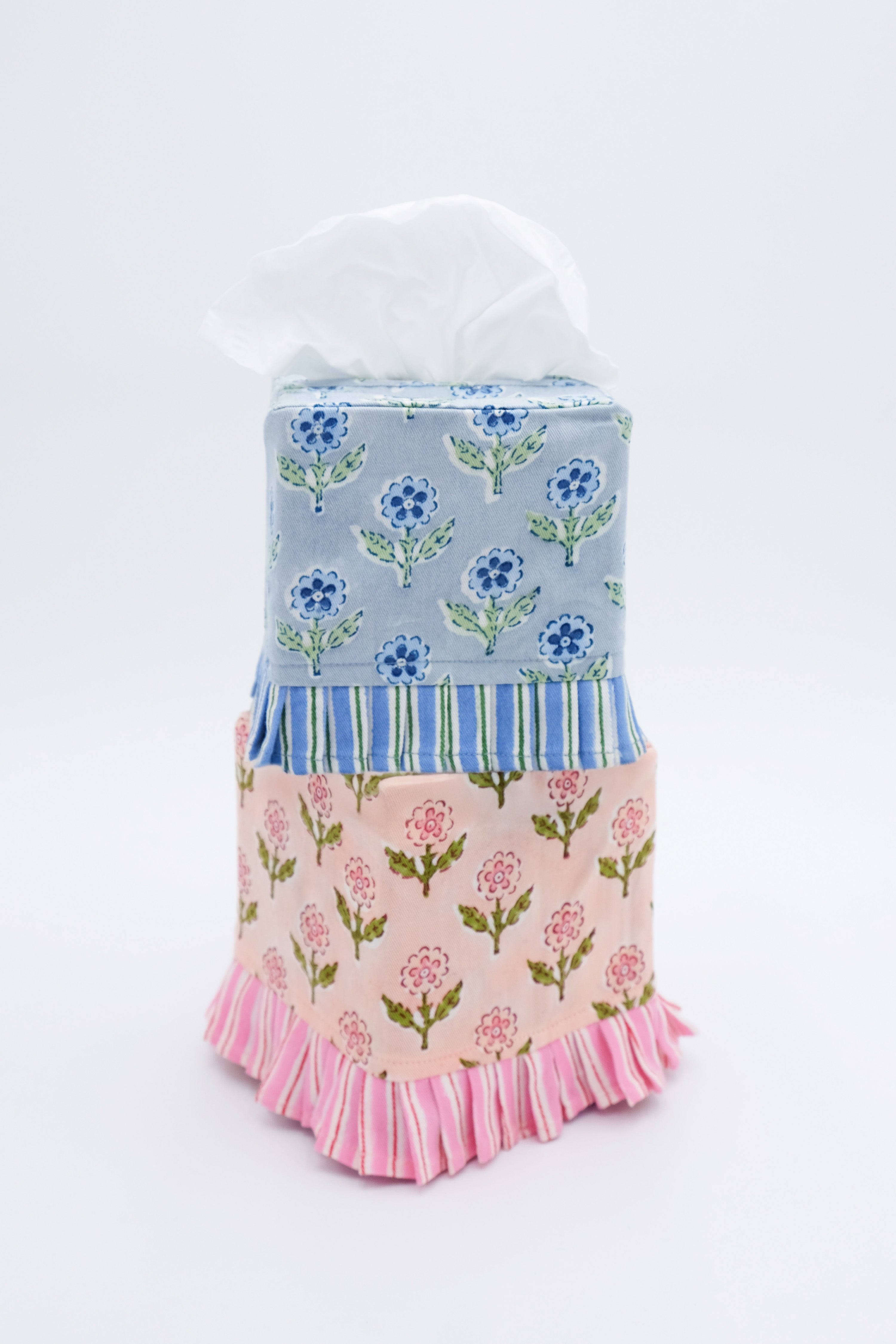 Stacked Mona Blue and Pink blockprint floral ruffled tissue box covers by Inner Child