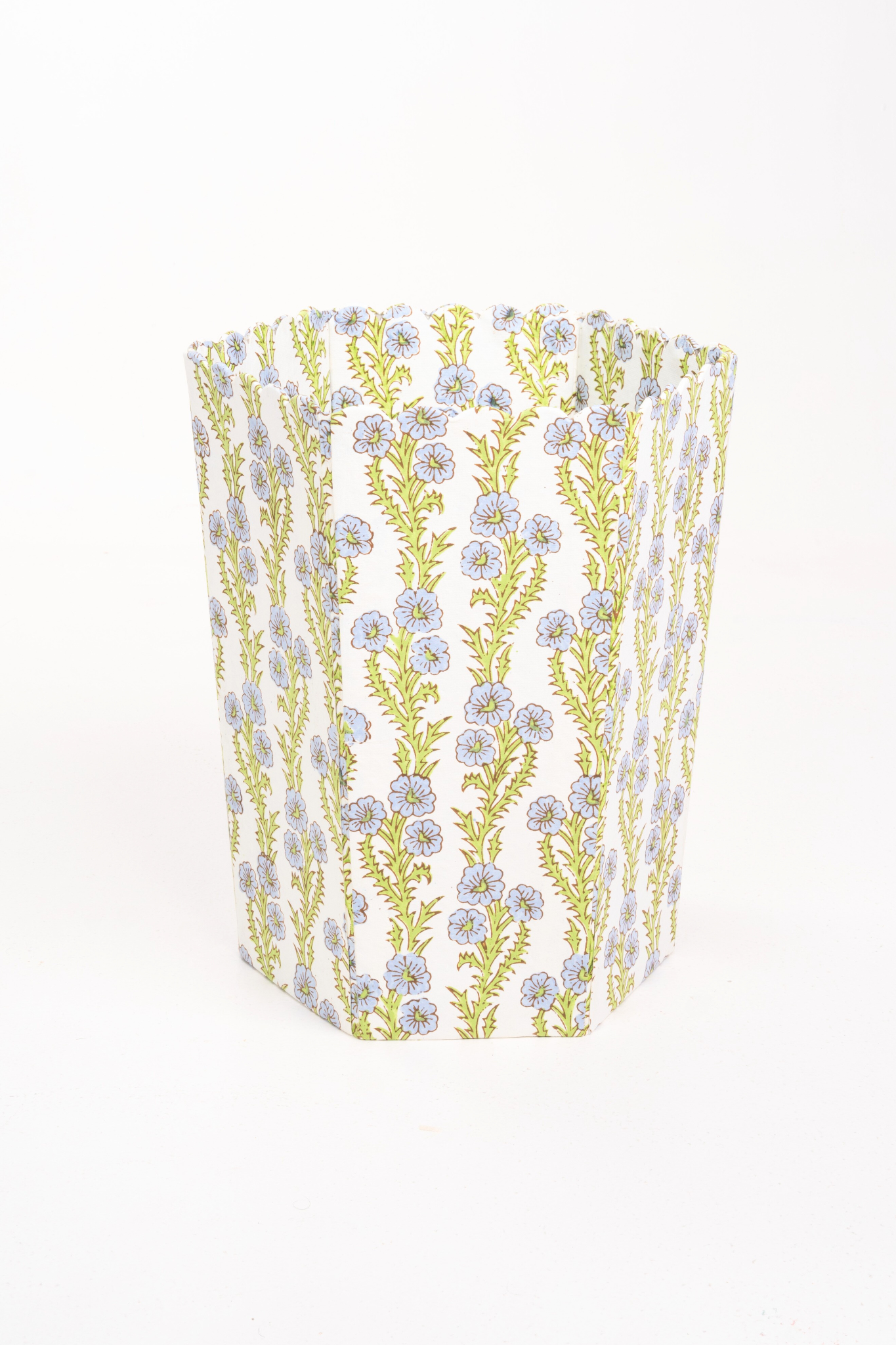Scallop waste bin with blue forget-me-not blockprint design from Inner Child