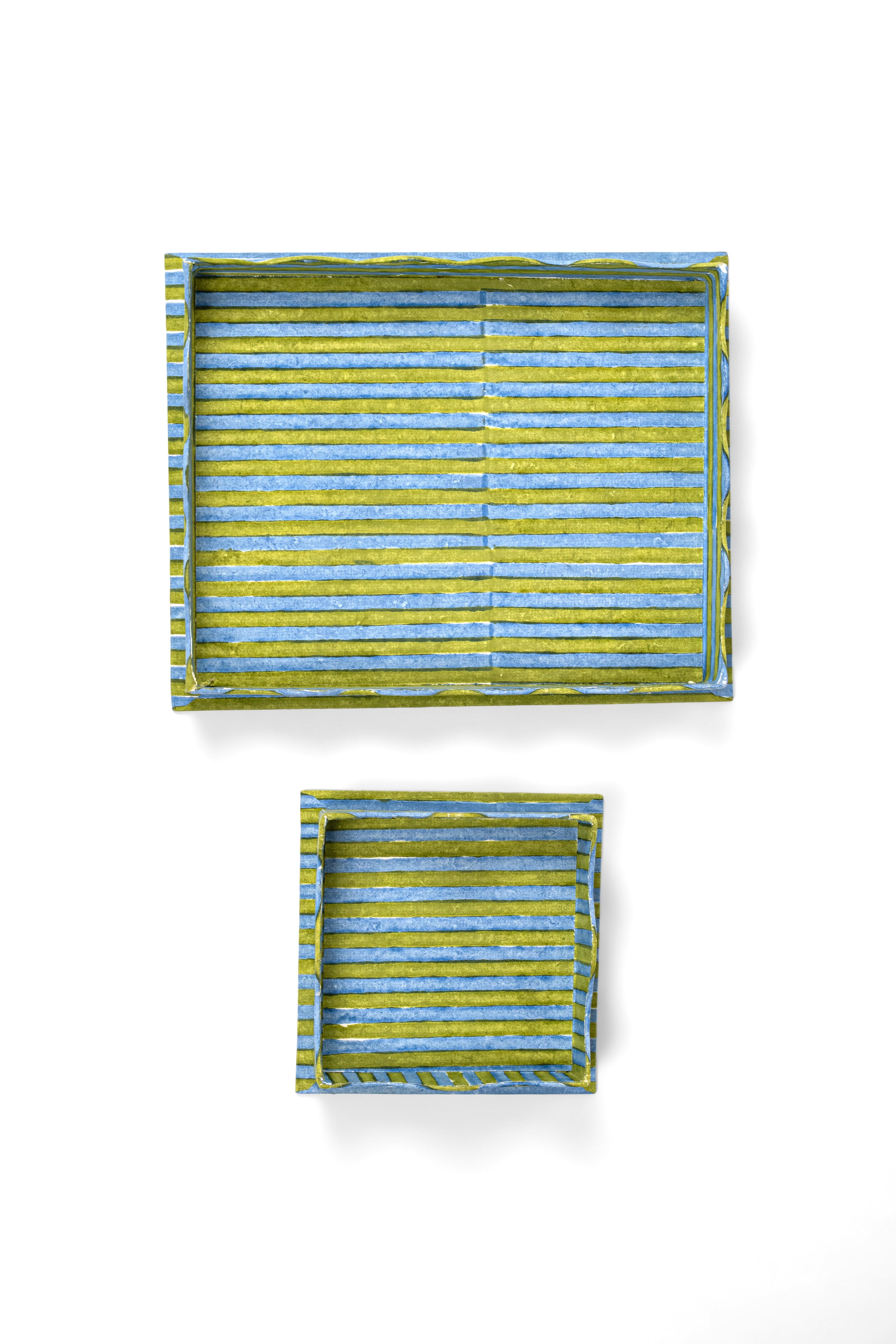 Inner Child nesting scalloped stripes blockprint trays green blue