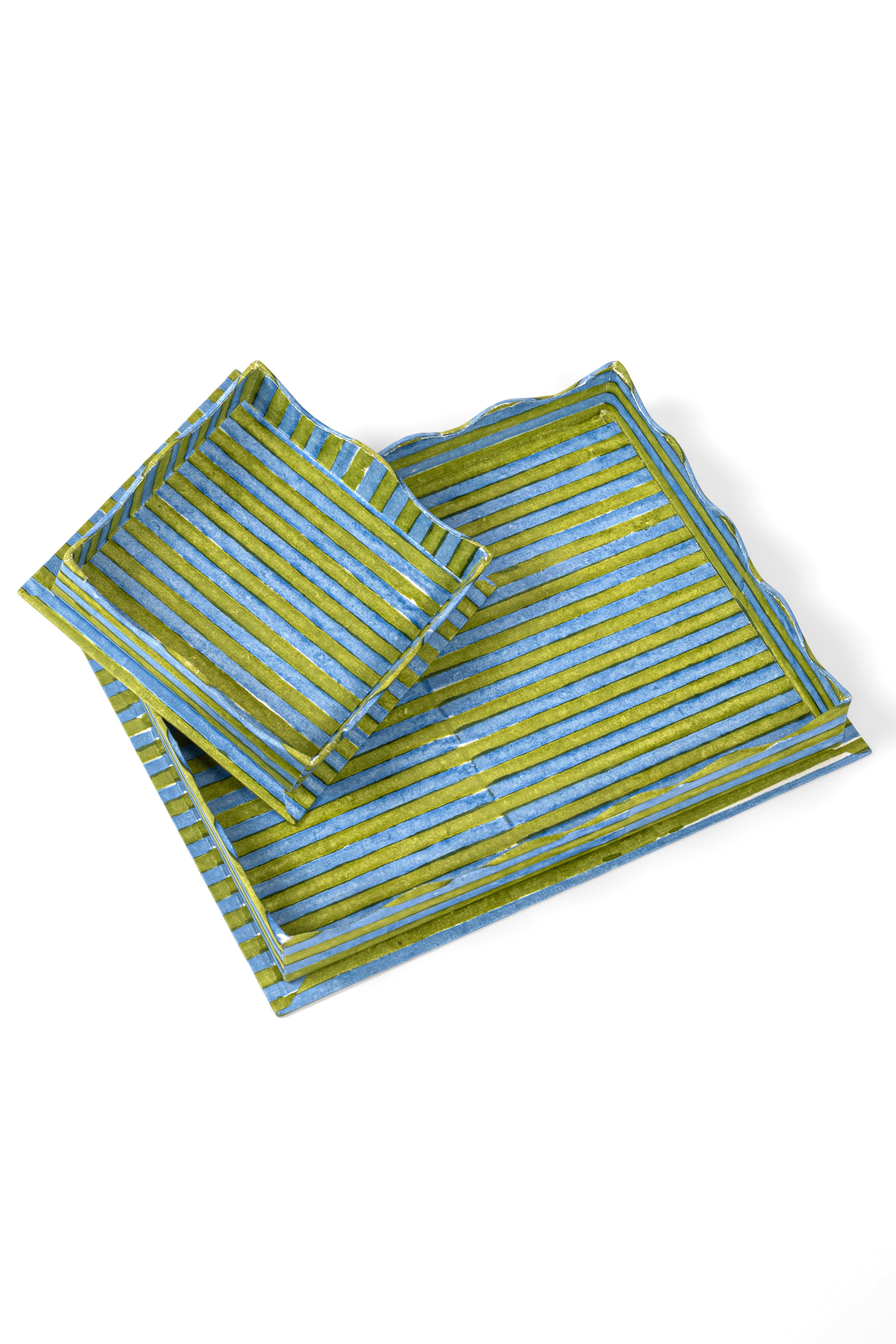 Inner Child nesting scalloped stripes blockprint trays green blue
