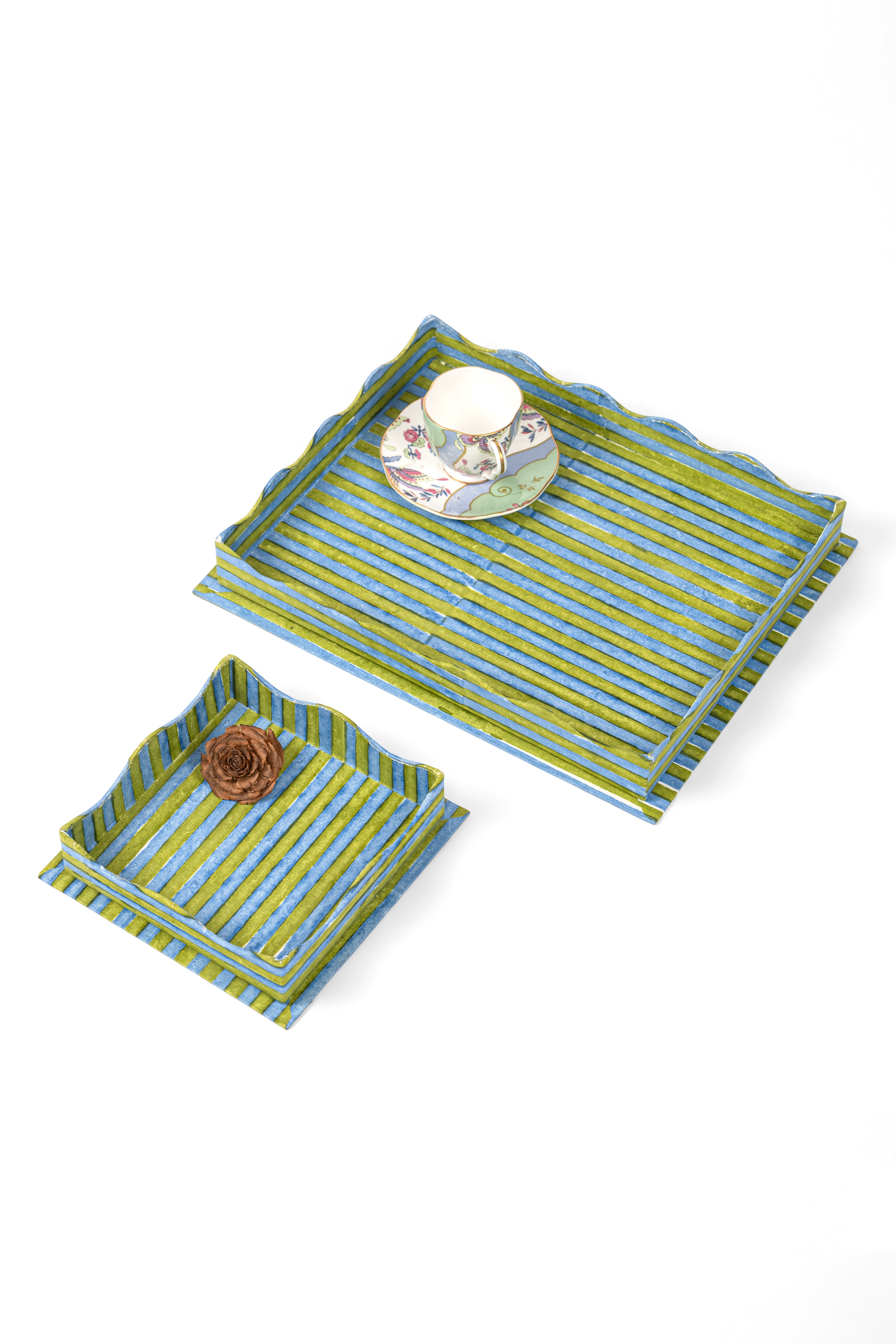 Nesting scalloped green-blue striped blockprint trays with decorative accents from Inner Child