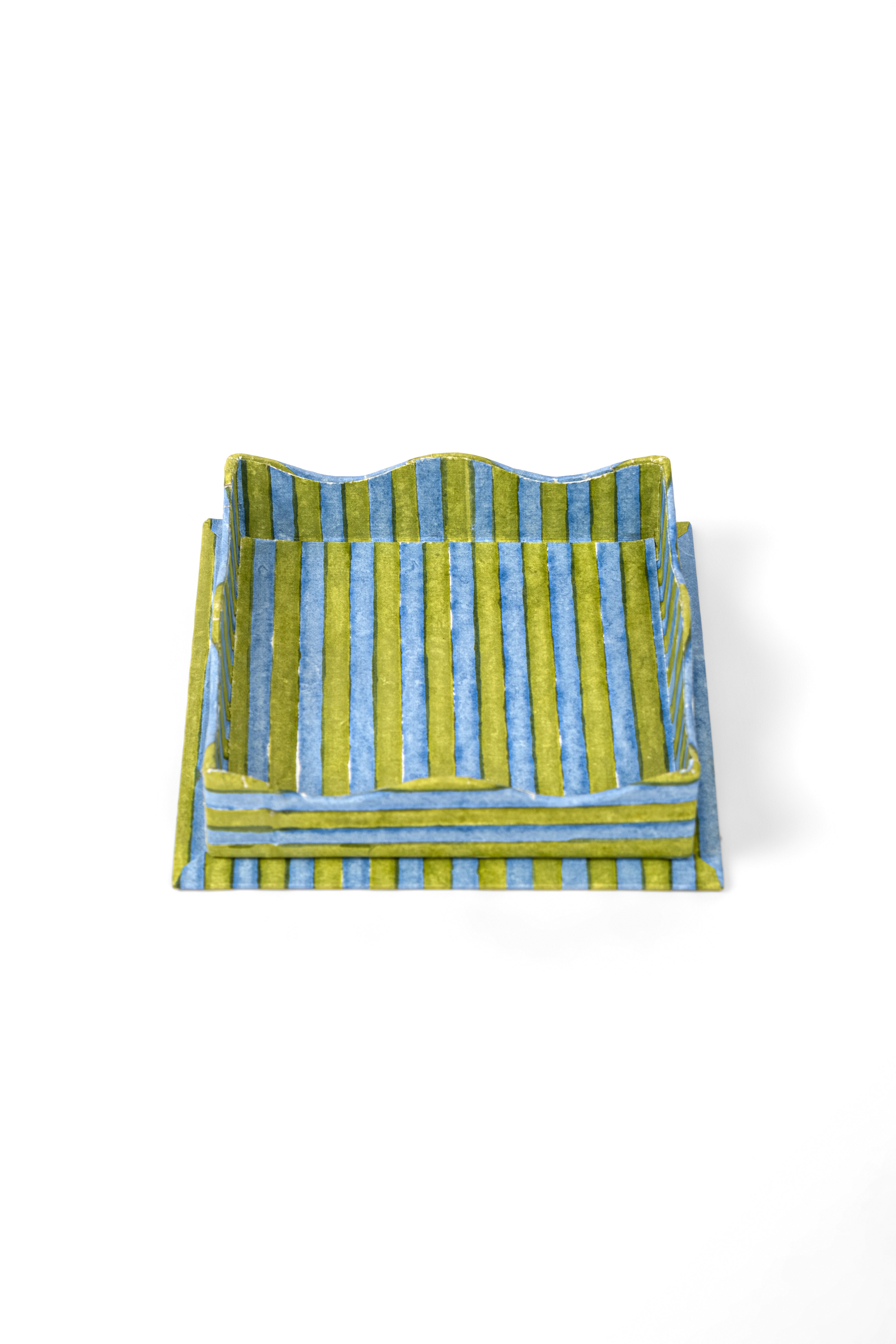 Inner Child nesting scalloped stripes blockprint trays green blue