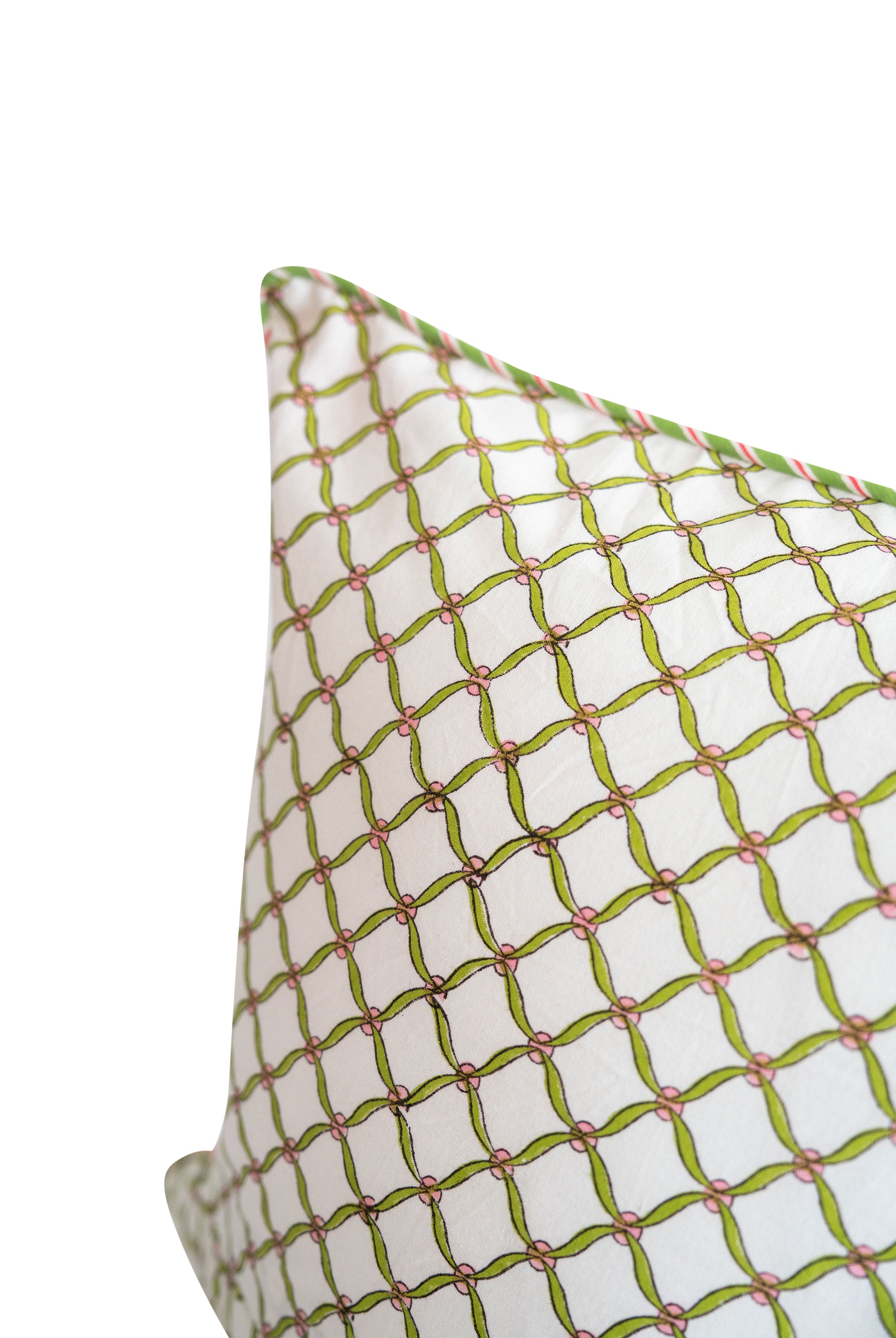 Close-up of green lattice blockprint pillow fabric detail - Inner Child