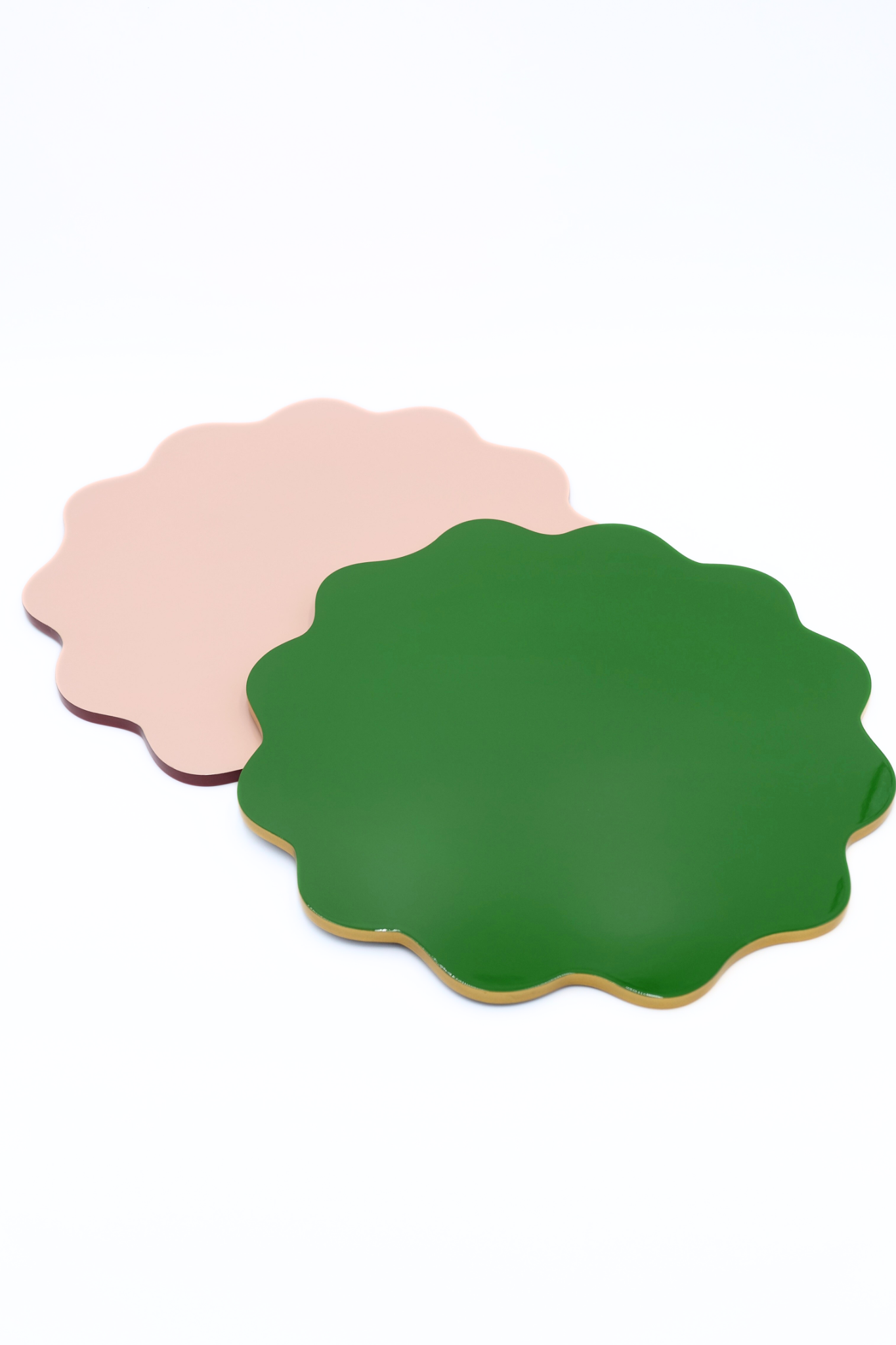 Green and pink scalloped lacquerware placemats set from Inner Child