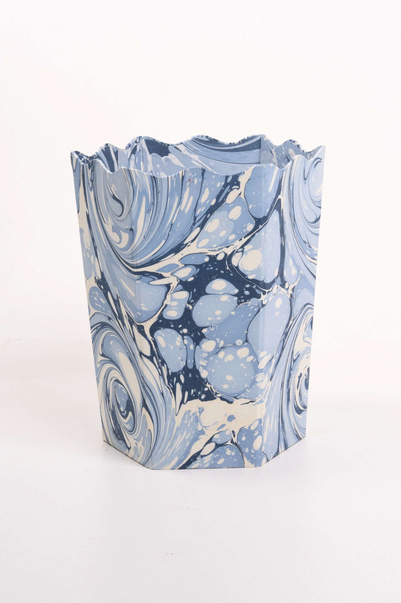 Hand-marbled scallop waste bin with blue/white swirl patterns - Inner Child