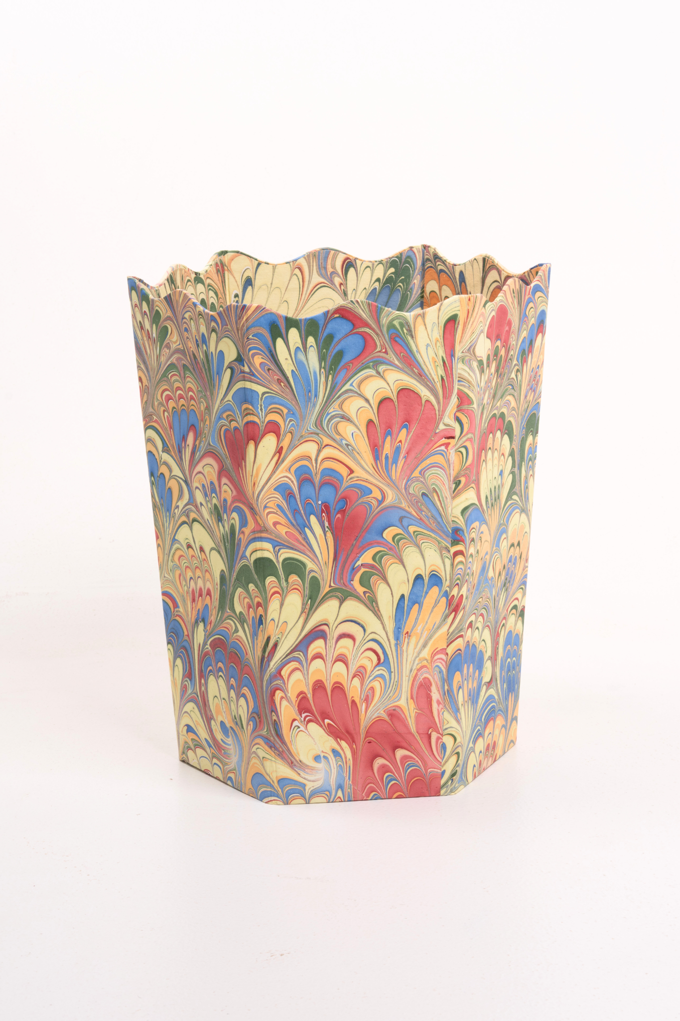 Hand-marbled scallop waste bin storage bin in multicolor marbling patterns