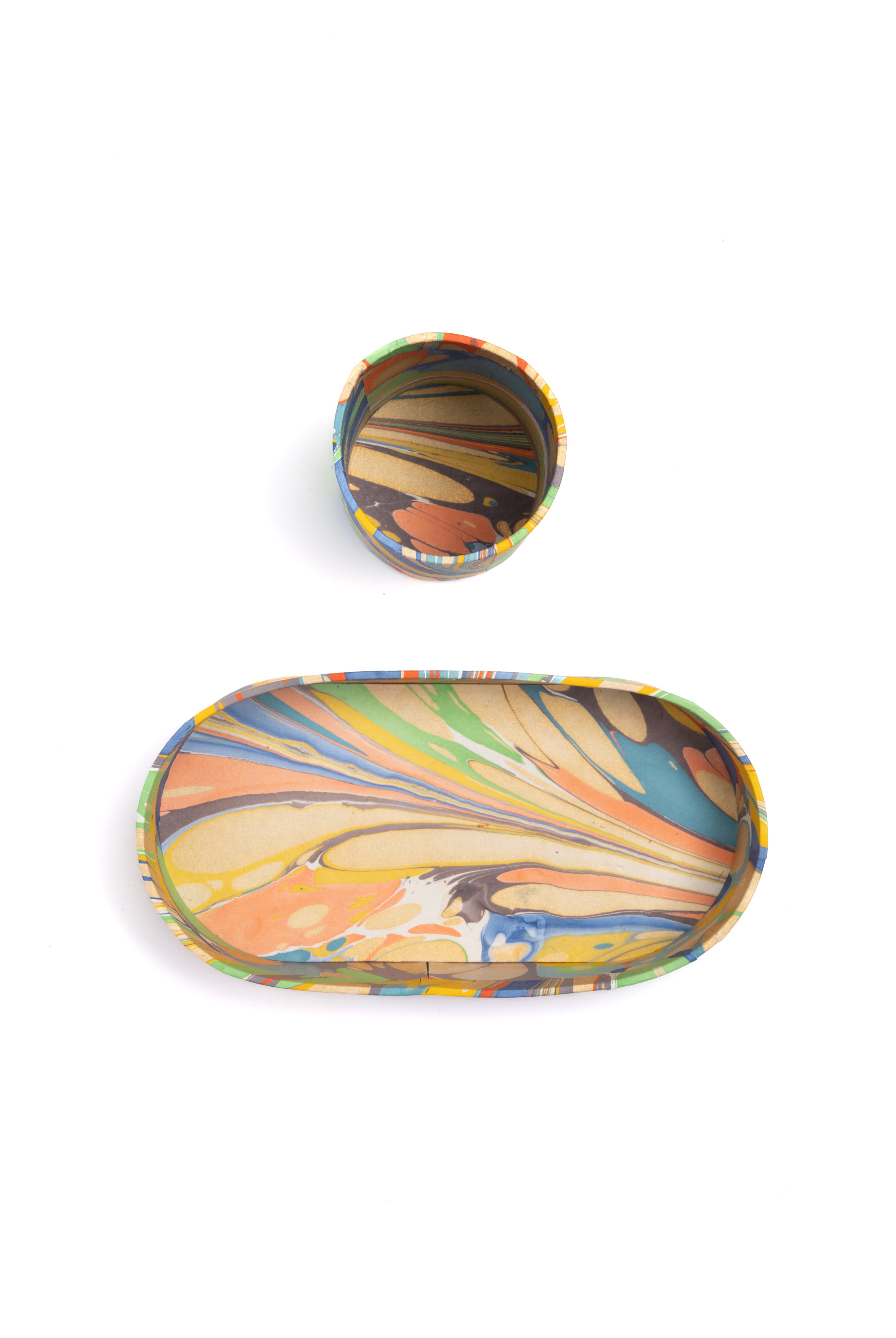 Hand-marbled desk tray and pencil holder top view in rainbow marbling from Inner Child