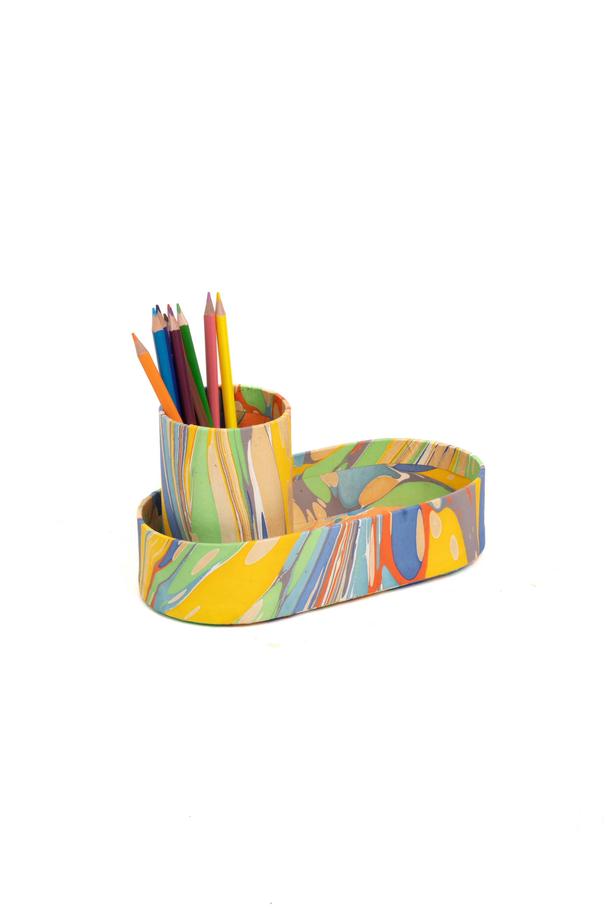 Hand-marbled desk tray and pencil holder with colorful pencils in rainbow marbling from Inner Child