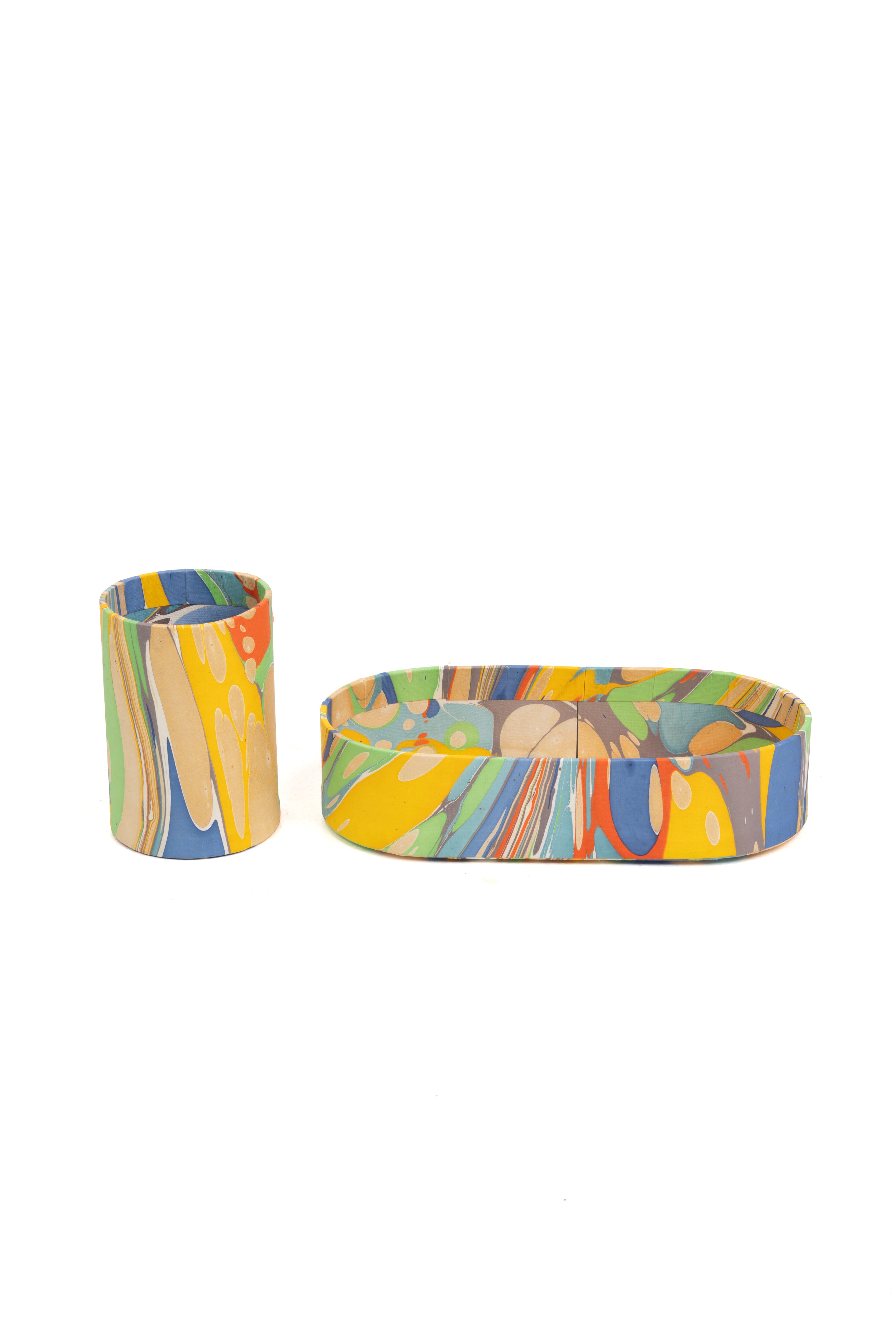 Hand-marbled desk tray and pencil holder organizer in rainbow marbling from Inner Child