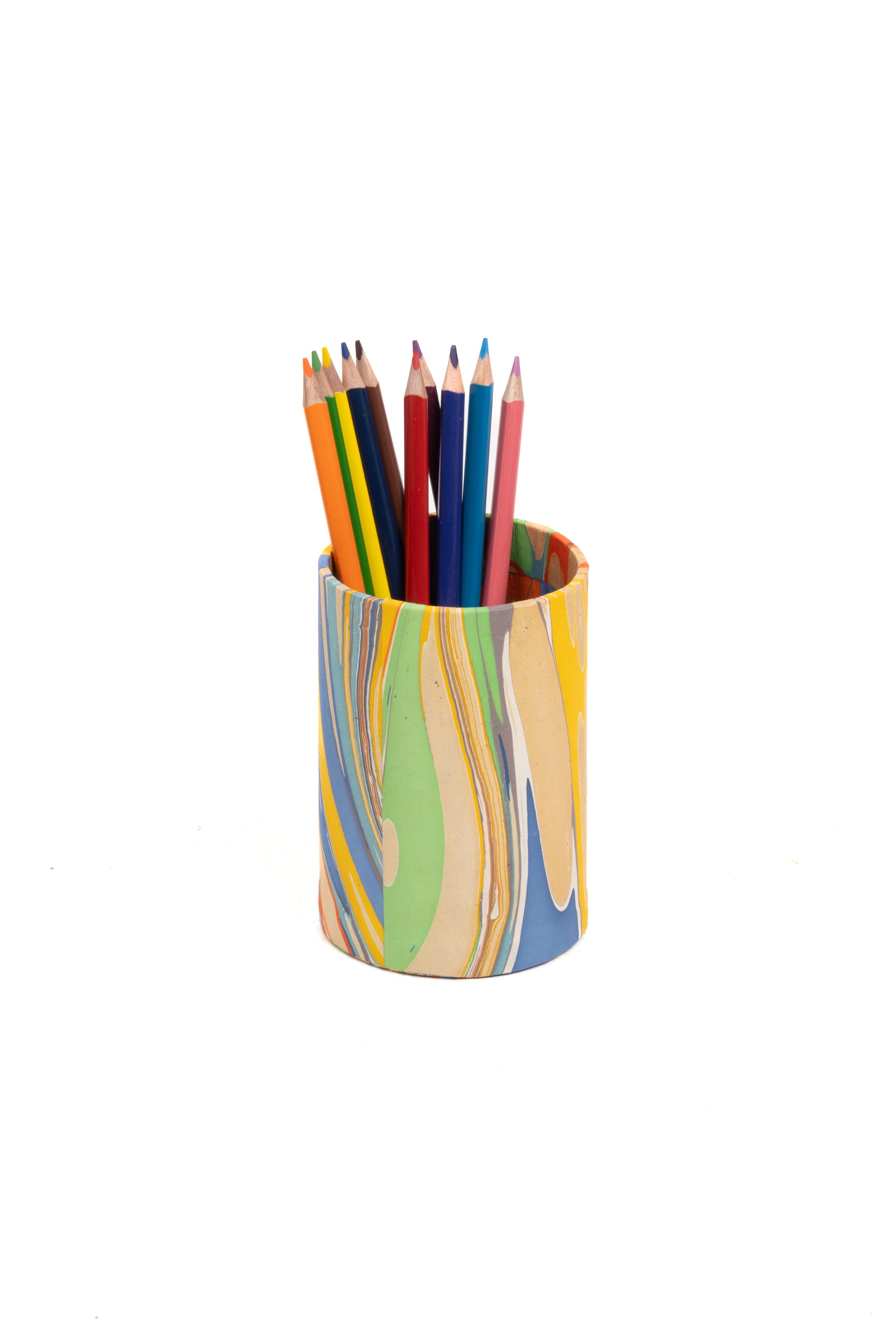 Hand-marbled pencil holder with colorful pencils in rainbow marbling from Inner Child