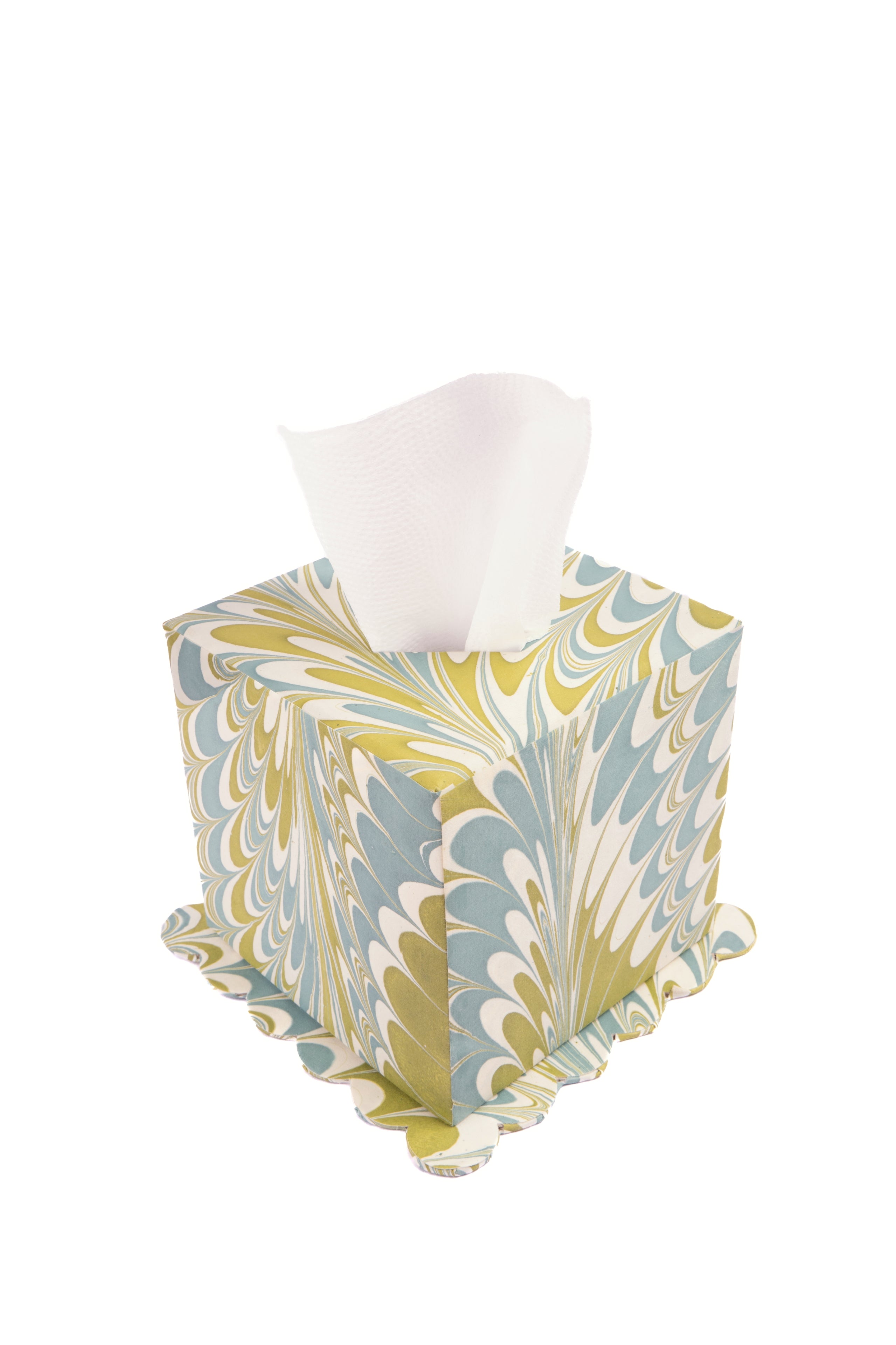 Hand-marbled scallop edge tissue box cover in robin blue