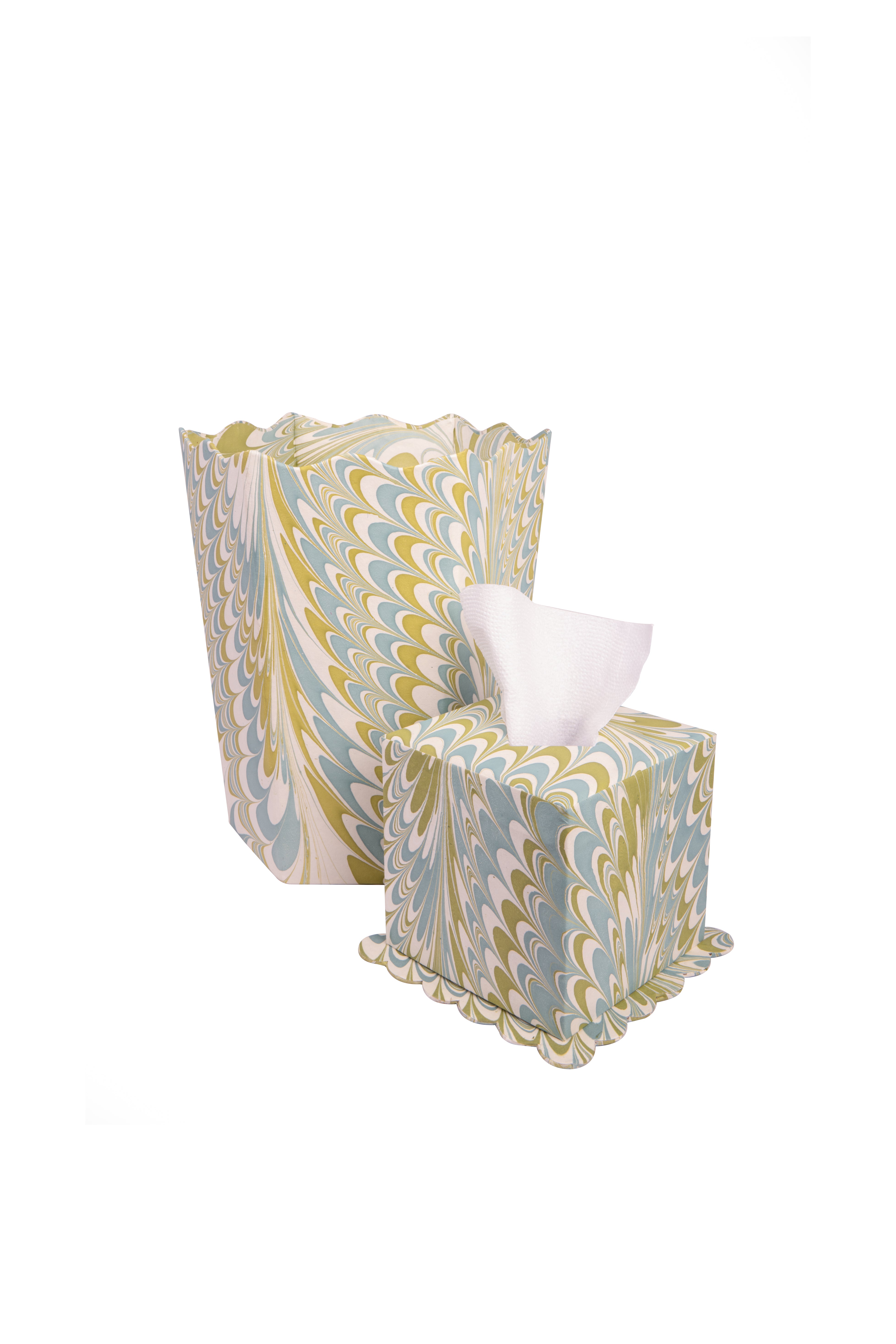 Hand-marbled scallop edge tissue box cover in robin blue