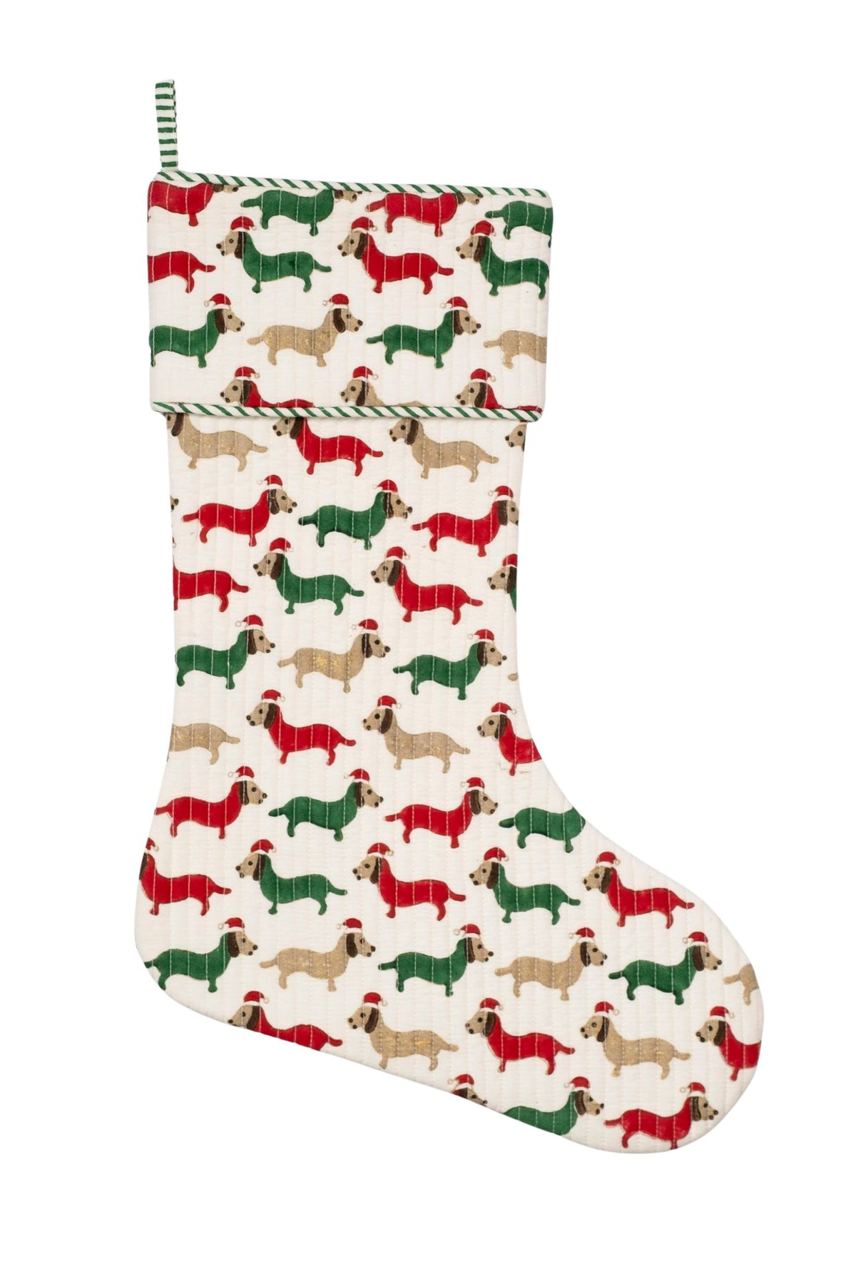 Inner Child Holiday Dashing Doxie blockprint stocking with playful dog patterns