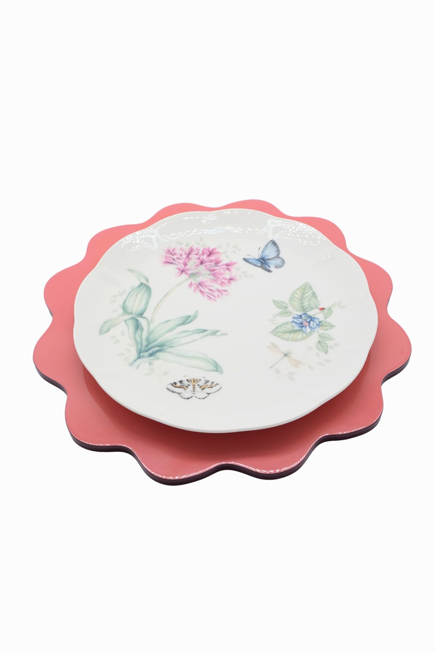 Inner Child blush pink scalloped lacquerware placemat set with floral butterfly designs
