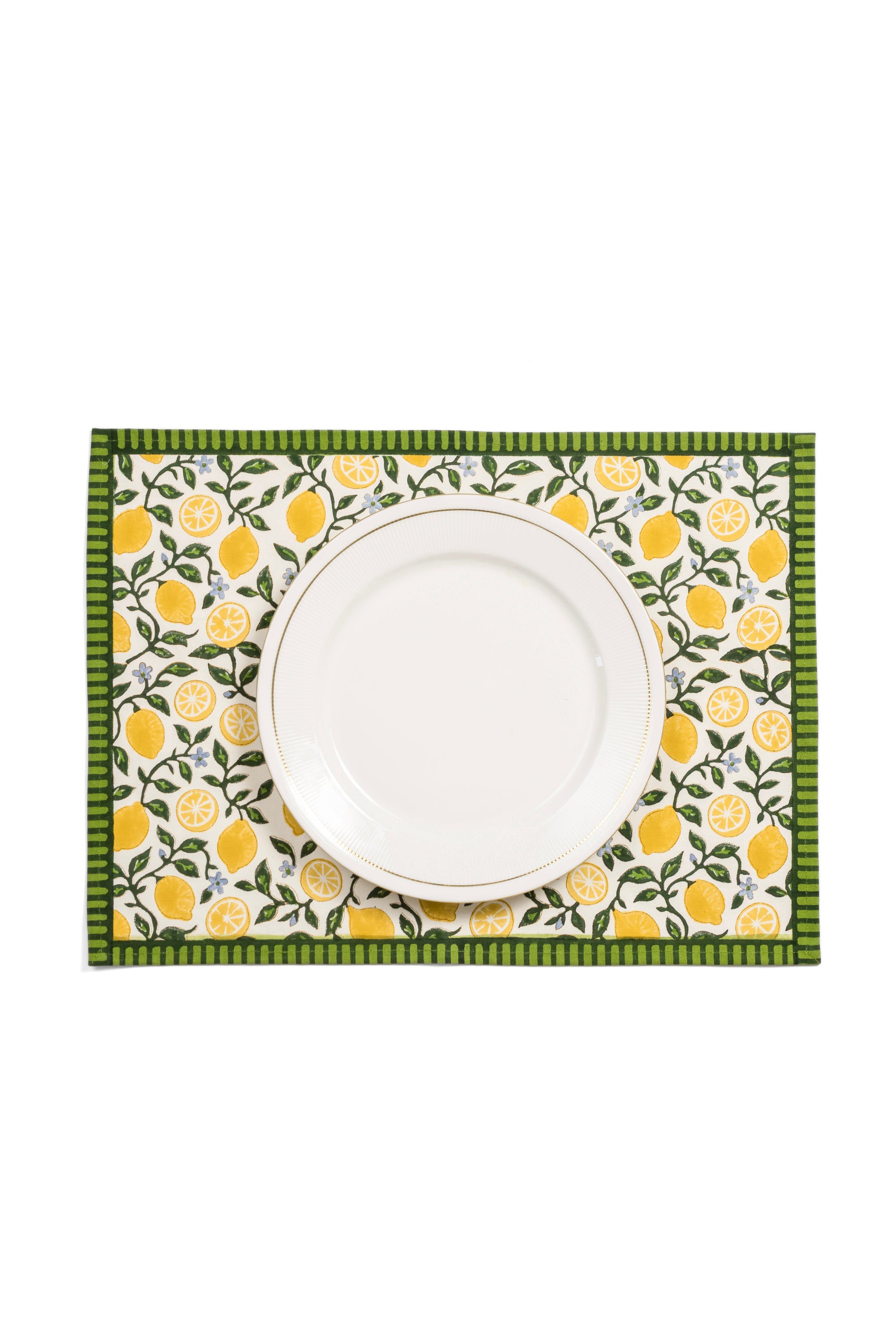Capri lemons blockprint placemat with white plate