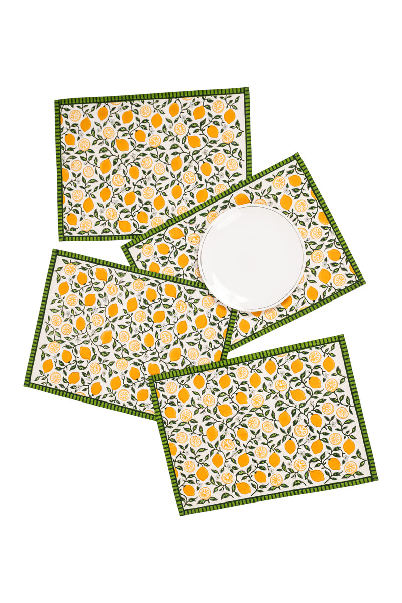 Set of capri lemons blockprint placemats with white plate